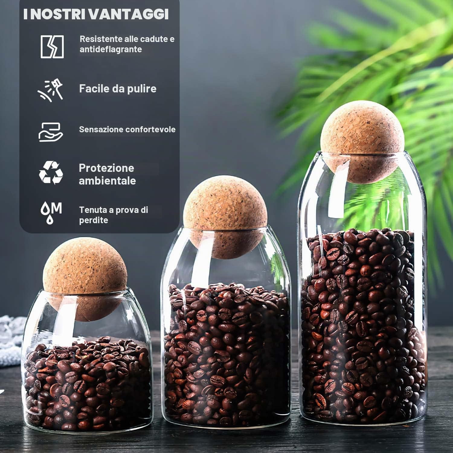 Barattoli di vetro ermetico borosilicato, con tappo in sughero, per spezie, zucchero, caffè, biscotti, caramelle (550 ml/19oz)