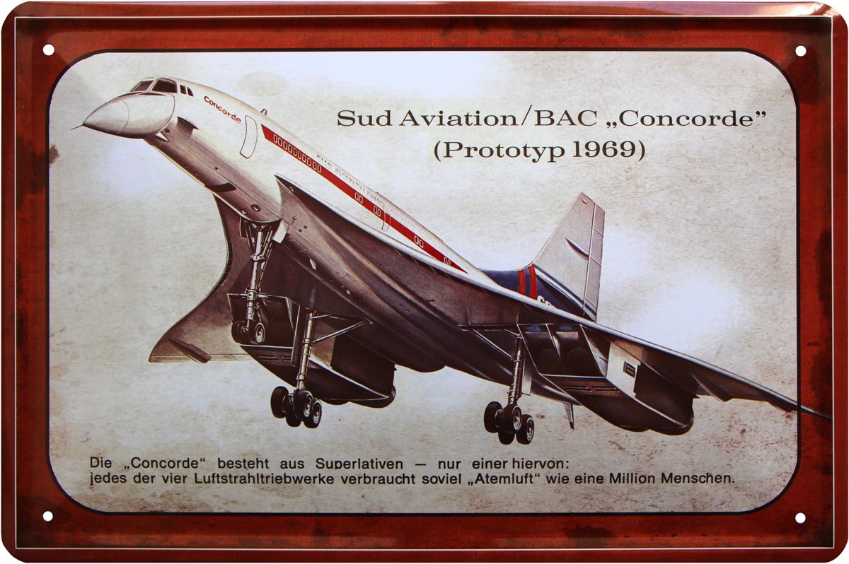 Wogeka Art Silver/Grey Concorde 1969 Supersonic Aeroplane Jet Plain 20 X 30 Cm Tin Sign 1532