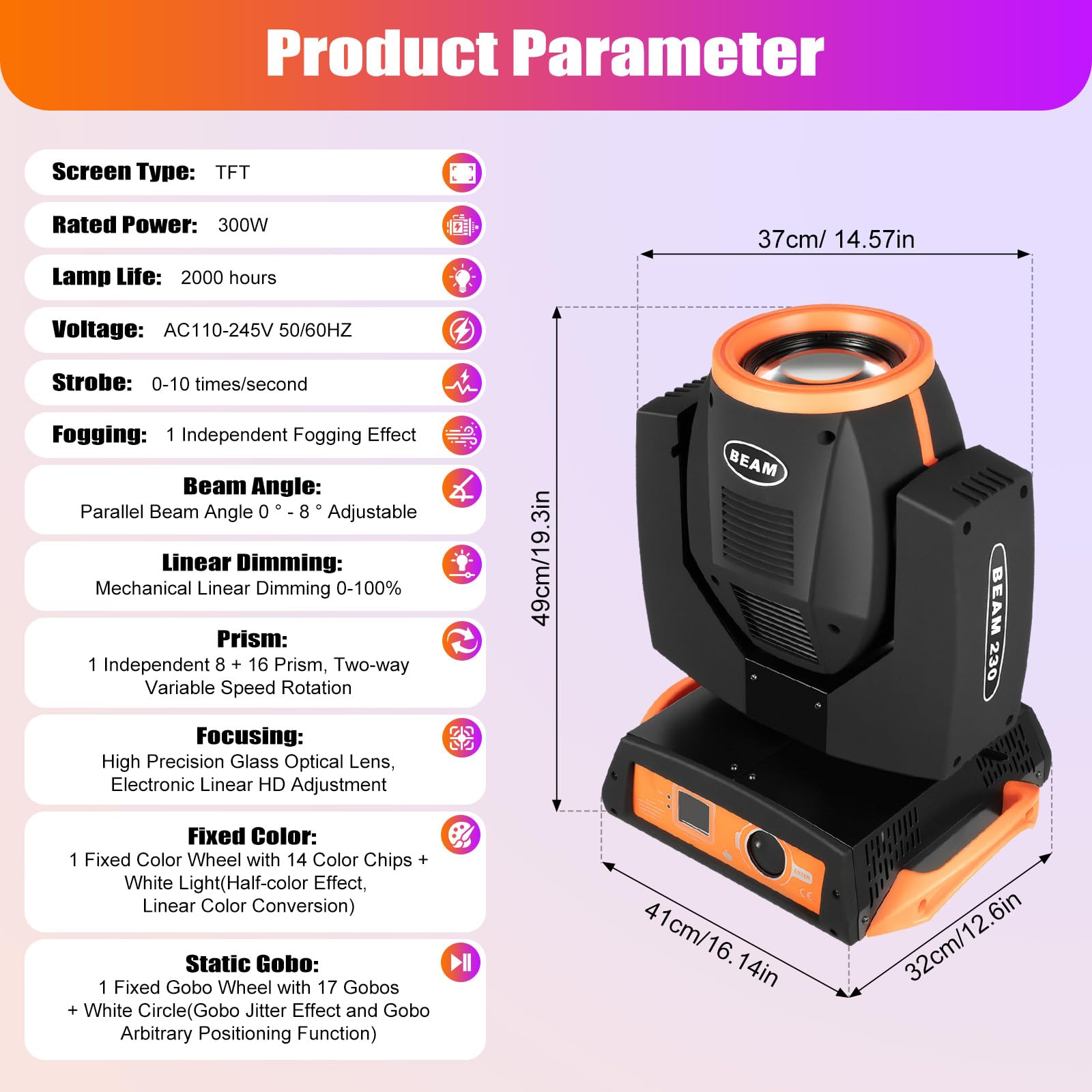 Faisceau lumineux mobile 230 W 17 Gobos RGBW 14 couleurs LED DJ avec écran TFT haute définition pour salles de banquet, discothèques, Noël, fêtes d'anniversaire