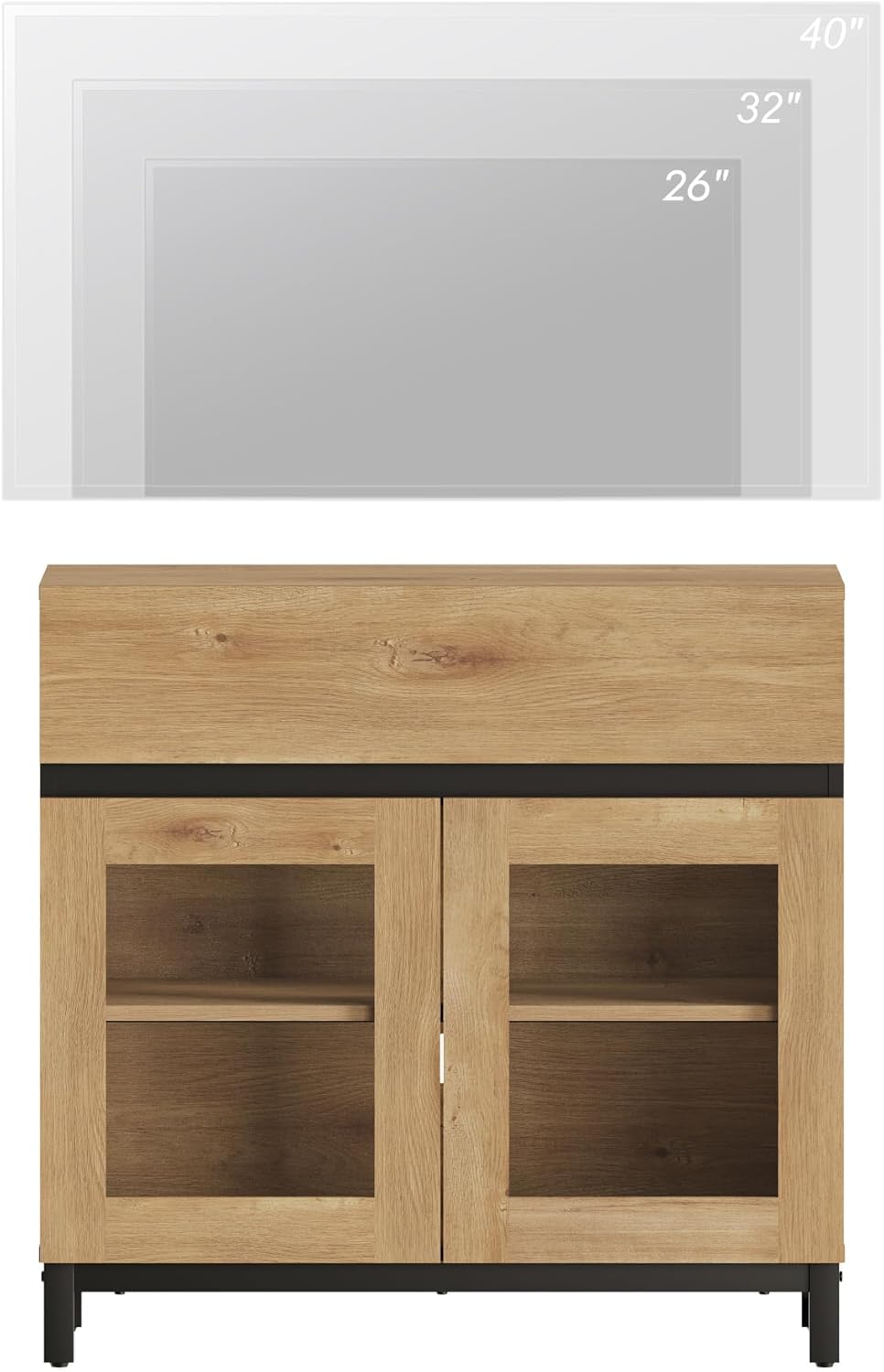 WAMPAT Modern TV Stand with Glass Doors for 26-40 inch TVs, Entertainment Center Console with Drawer and Metal Base for Living Room, Bedroom, Oak