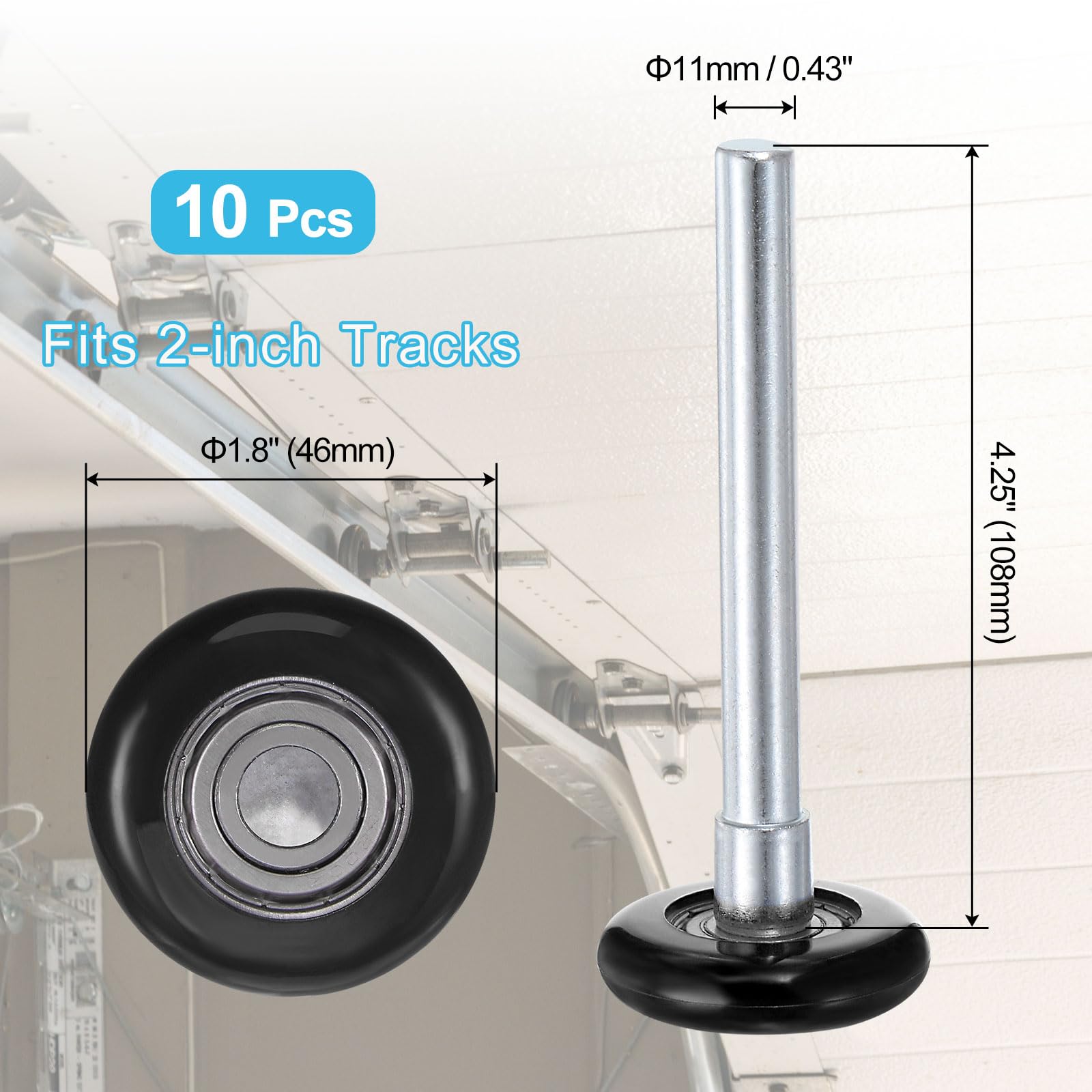 QUARKZMAN 10pz Rulli per Porte Garage in Nylon da 1.8" per Binario da 2" - Asta da 4.25" - Ruote Silenziose per Porte Garage - Cuscinetto di Precisione 6200zz a 8 Sfere - Nero
