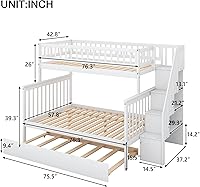 Vista 41 de Harper & Bright Designs Litera de tamaño matrimonial sobre matrimonial con 3 cajones, litera de madera maciza con almacenamiento y riel