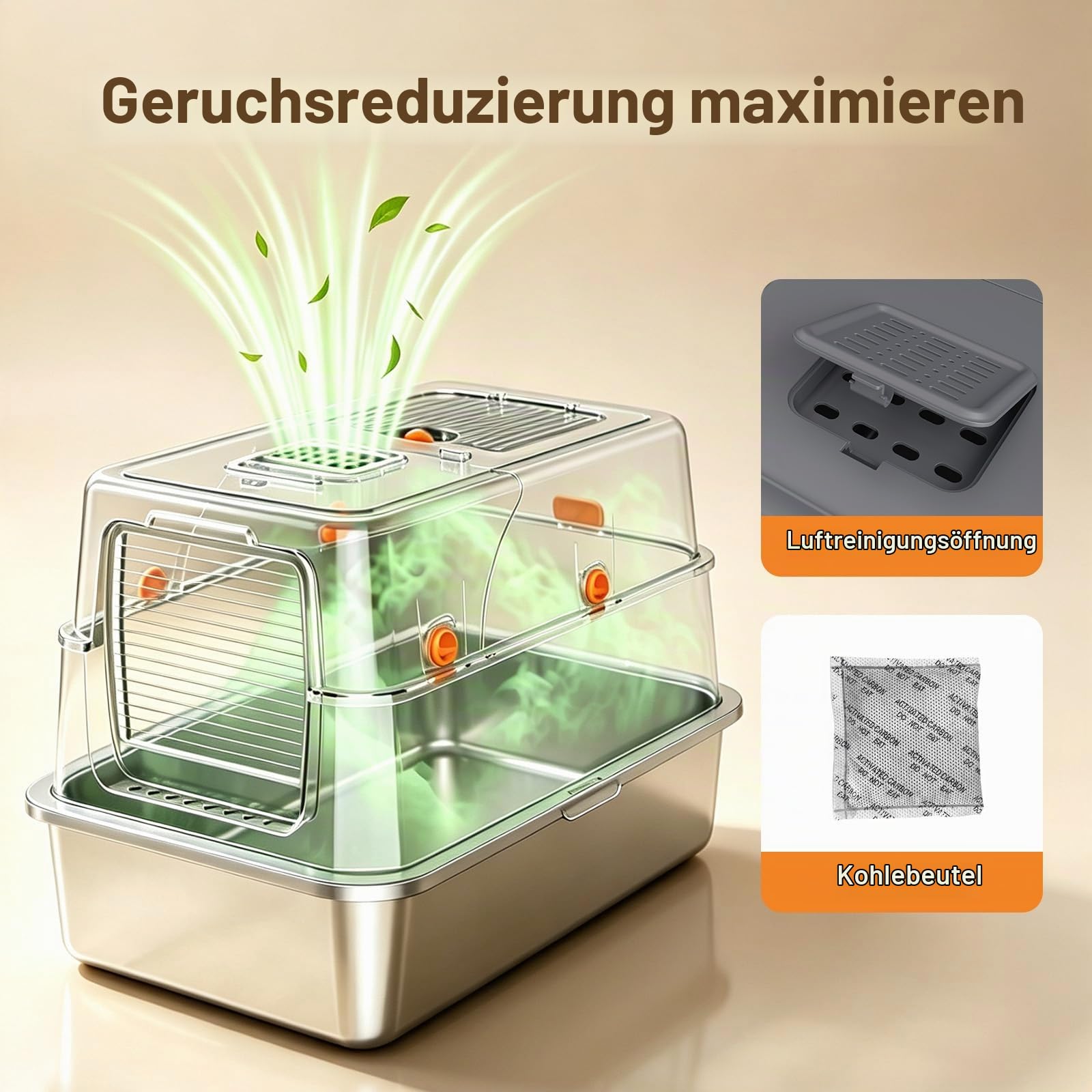 Edelstahl-Katzentoilette mit Deckel – hohe Seitenwände, geschlossene Metallwanne, Kratzfest & urindicht, antihaftbeschichtet, aufklappbare Front & Einstieg von Oben, inkl. Matte & Schaufel
