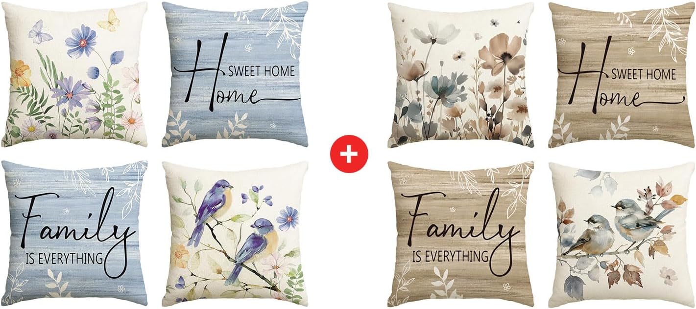 AVOIN colorlife Flowers Butterfly Bird Throw Pillow Covers, 18 x 18 Inch Autumn Family is Everything Cushion Case for Sofa Couch Set of 8