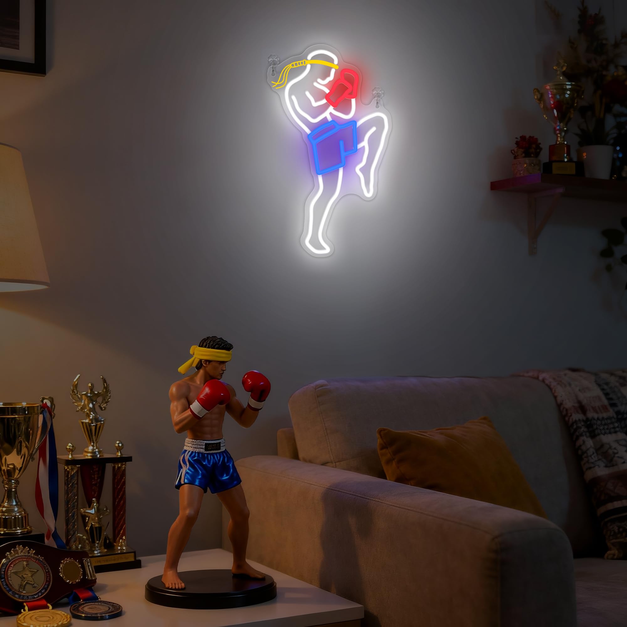 OkiyiD Insegna al neon Muay Thai per uomini, arti marziali, decorazione da parete a tema sport di combattimento, decorazione per stanza con alimentazione USB e catena da appendere, regalo ideale per