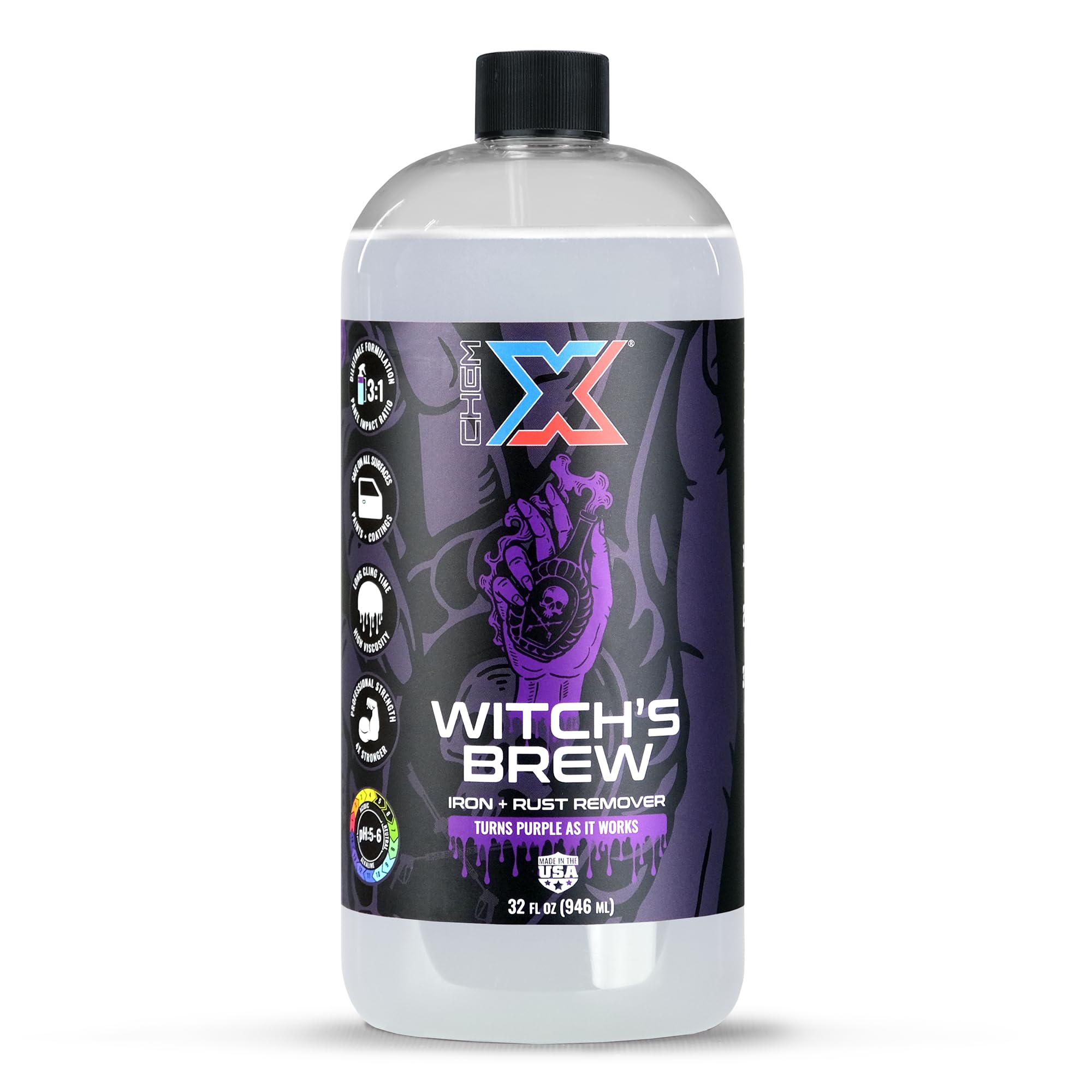 Witch’s Brew Iron and Rust Remover, 4X Strength, Removes Brake Dust Rail Dust Iron Particles and Rust Stains, Color Changing Formula, Safe on Paint Wheels Trim and Glass - 32oz