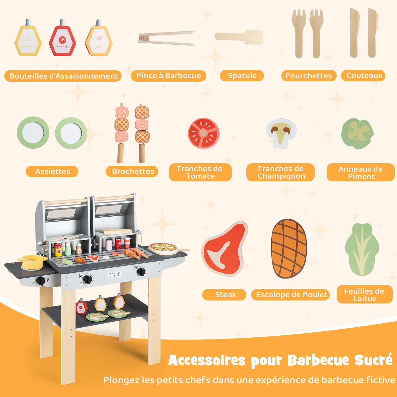 COSTWAY Barbecue Enfant en Bois avec 19 Accessoires