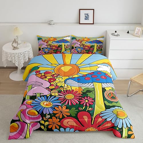 Miniatura 2 de Juego de edredón Kawaii de hongos, tamaño Queen, bohemio, juego de ropa de cama con estampado floral hippie y groovy, juego de ropa de cama y juegos