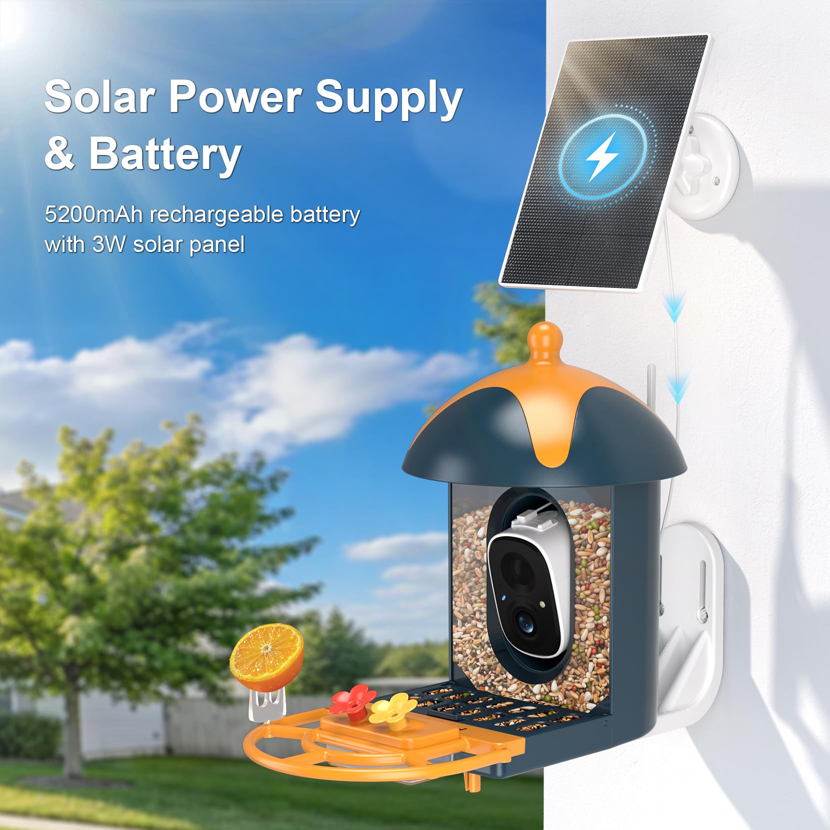 Smart Bird Feeder mit Kamera Outdoor Vogelhaus: AI identifiziert 11000+ Arten, 2K HD, Ankunftswarnungen, solarbetrieben, blau-orangefarbenes zweifarbiges Design, Kolibri-freundlich, Geschenk für