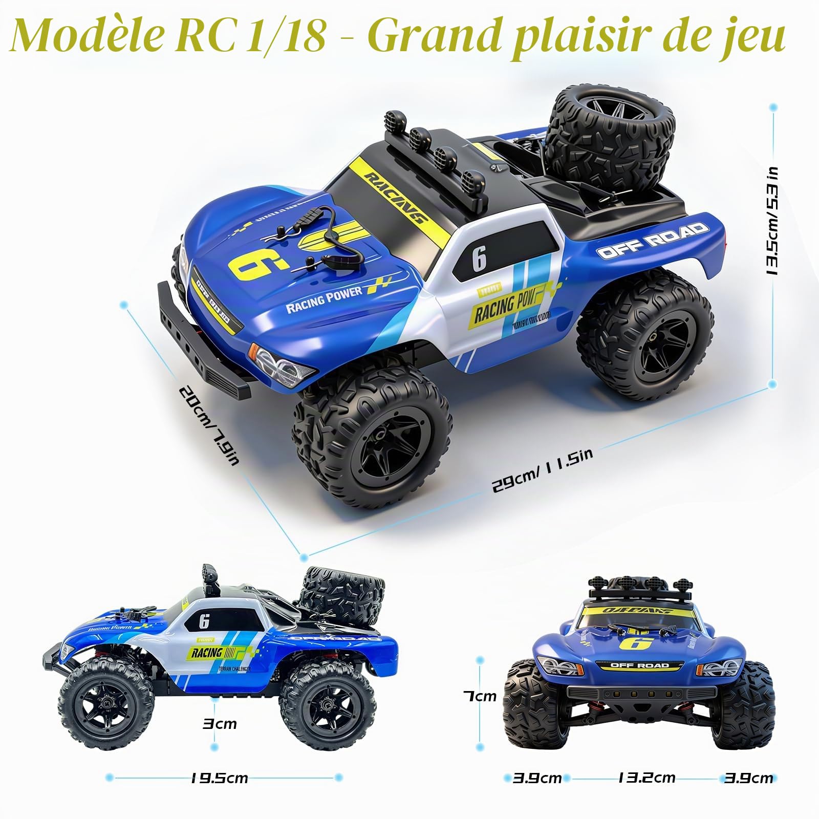 Voiture RC 1:18 4×4, véhicule télécommandé Tout‑Terrain Haute Vitesse 40 km/h avec 2 Batteries (45 Min d'autonomie), Camion Tout‑Terrain étanche IPX4 adapté au Sable, à la Boue et à la Neige