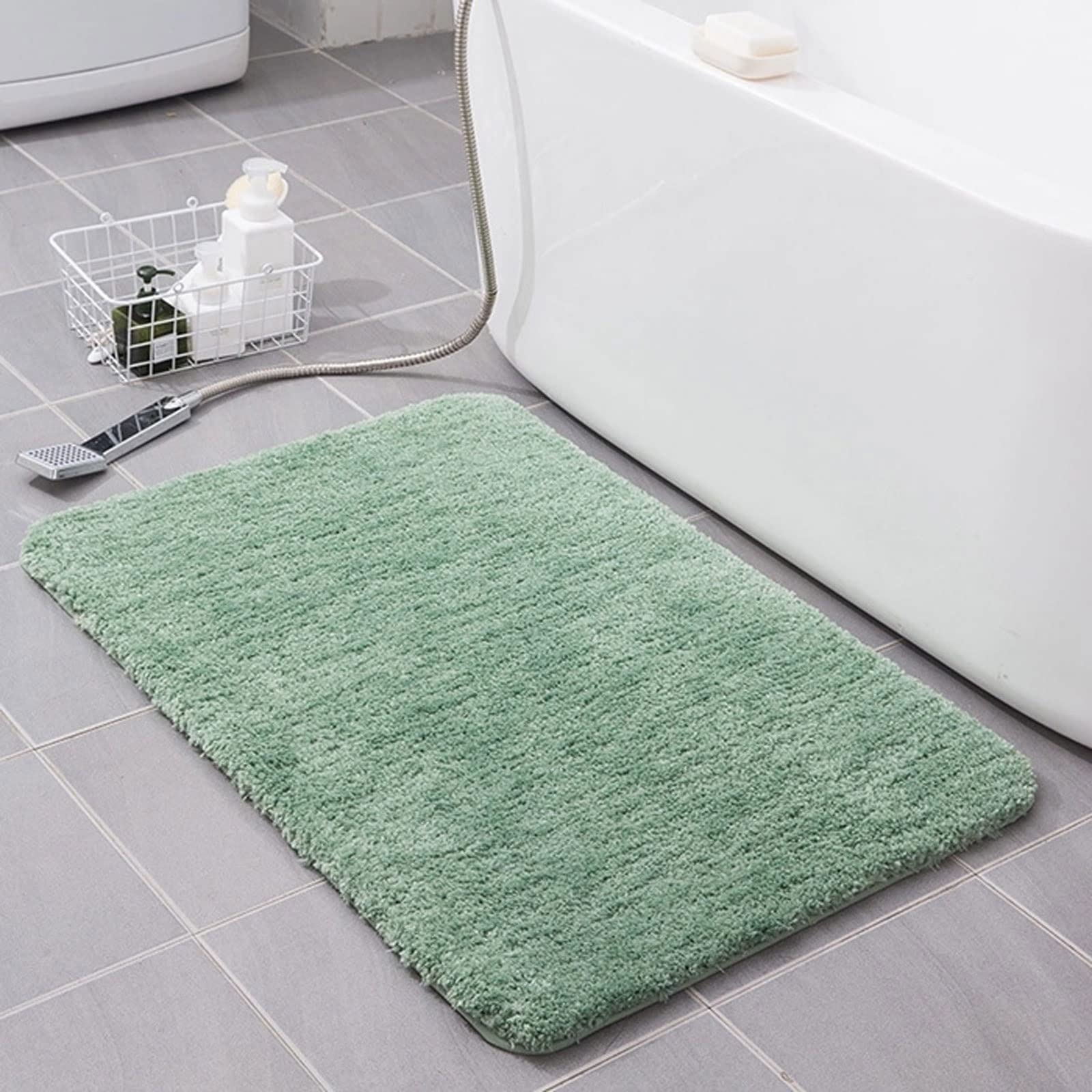 High Hair Microfiber Bath Mat Super Absorbent Bathroom Rug for Bathtub and Shower Room Non Slip Floor Mat for Toilet 50x80cm Solid Green Color