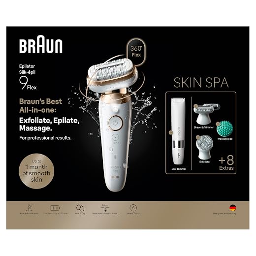 Braun Silk·épil 9 Flex SkinSpa Epilator for Women, All-In-One Set with 360° Flexible Head for Easy Hair Removal, Wet and Dry, Long-Lasting Smooth Skin with Body Trimmer, 9-481 3D, Gold