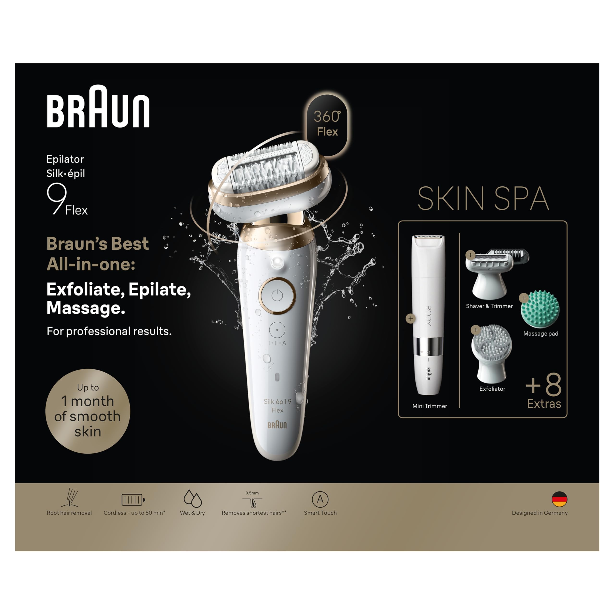 Braun Silk·épil 9 Flex SkinSpa - Depiladora para mujer, todo en uno, con cabezal flexible de 360° para una fácil depilación, húmedo y seco, piel suave de larga duración con recortador corporal, color