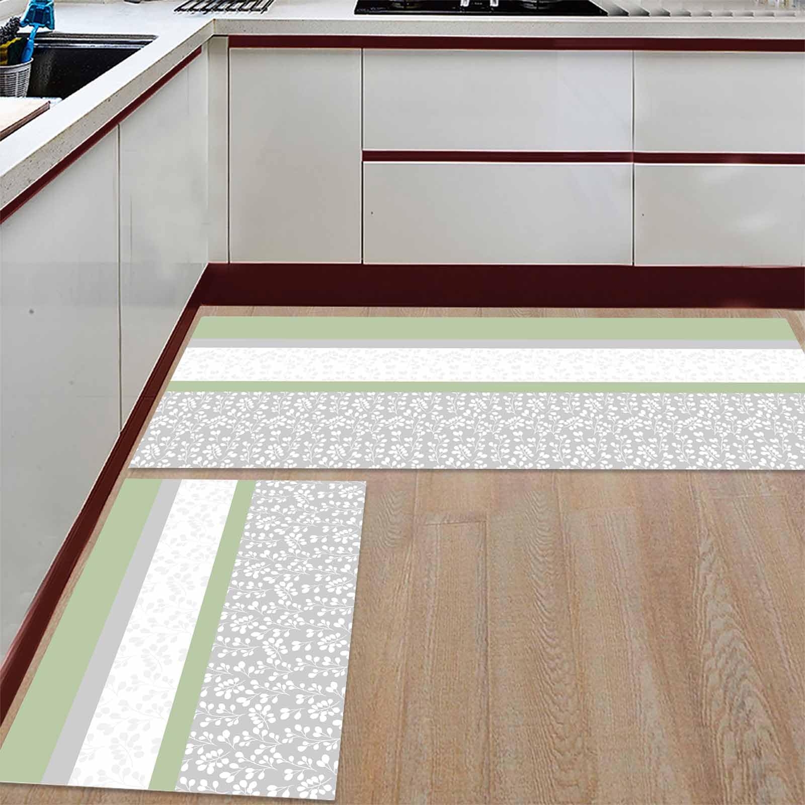2 Pieces Kitchen Rugs and Mats,Farmhouse Flower Design Area Runner Rug Set Non Slip Floor Doormat Washable Carpet Standing Mat for Kitchen Sink Indoor Corridor,Green Grey White Stripe Stitching