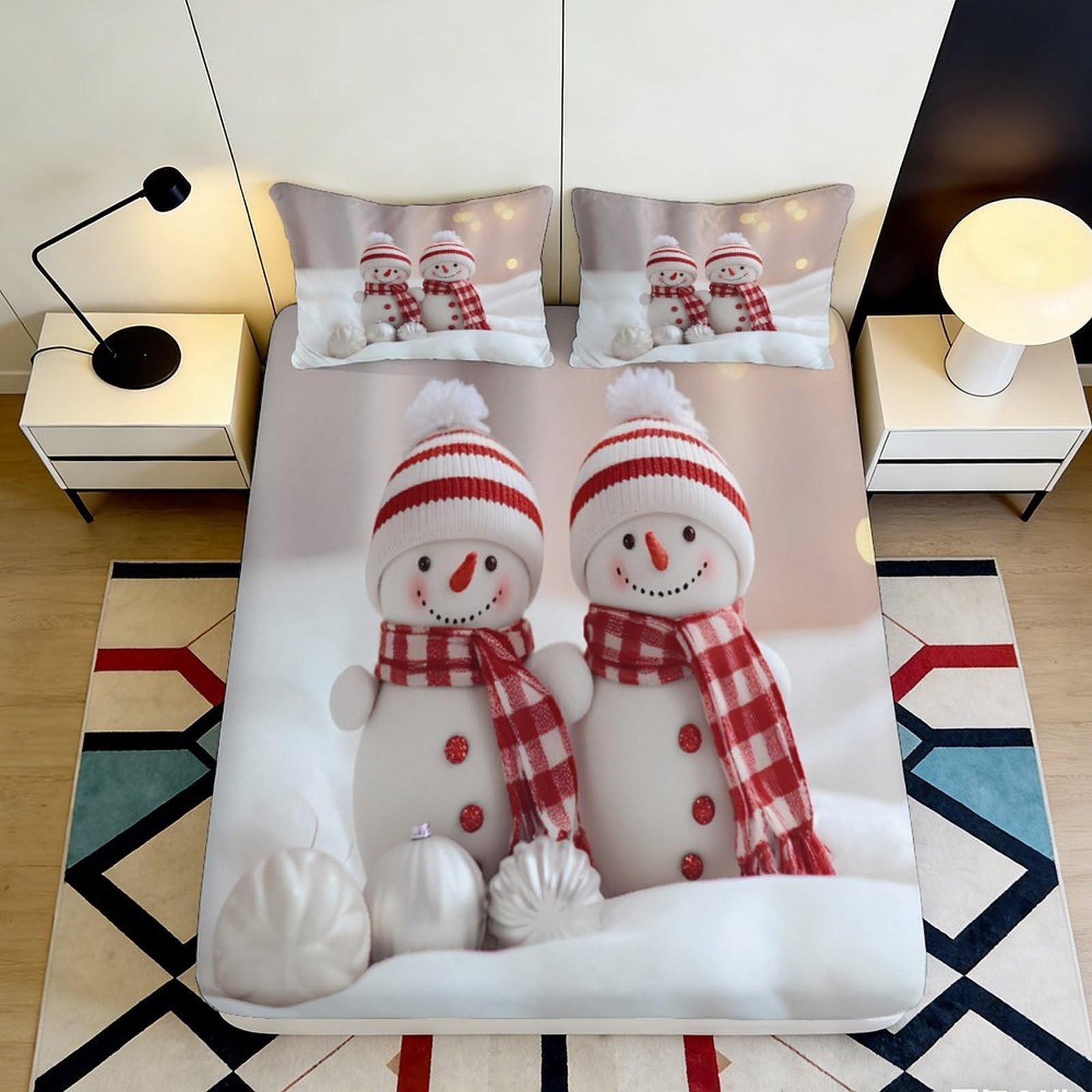 3D Printed Snowman Winter Fitted Sheet Microfiber Antislip Christmas Holiday Bed Cover for Bedroom Guest Room Decor 140x200x25cm
