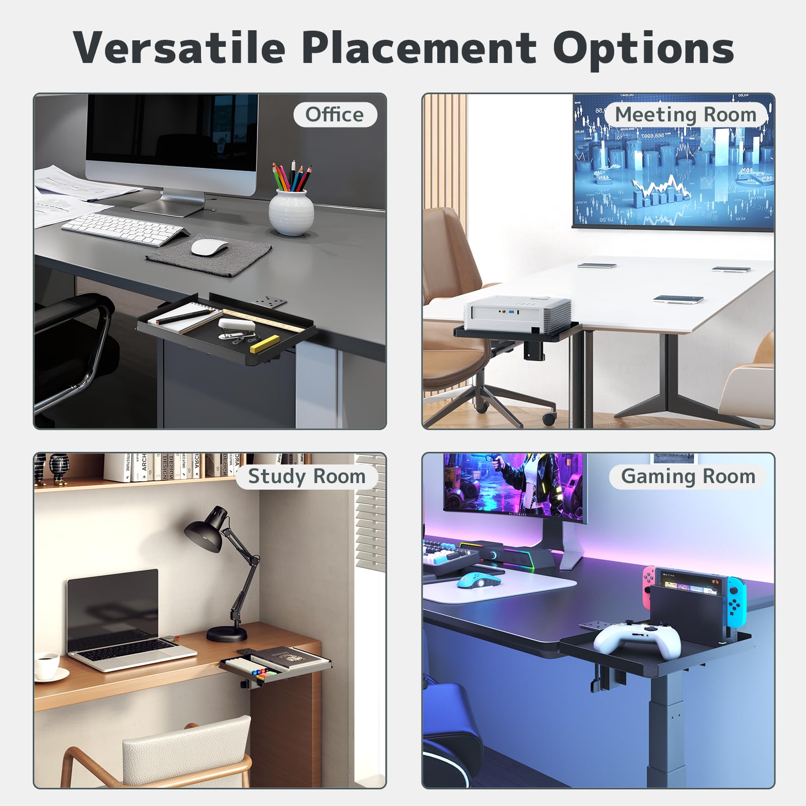 Plateau de Bureau à Pince | Compatible Bureau 60mm | 15kg Capacité| Solution & Télétravail | Structure Acier Noir (30,4x22,7cm)