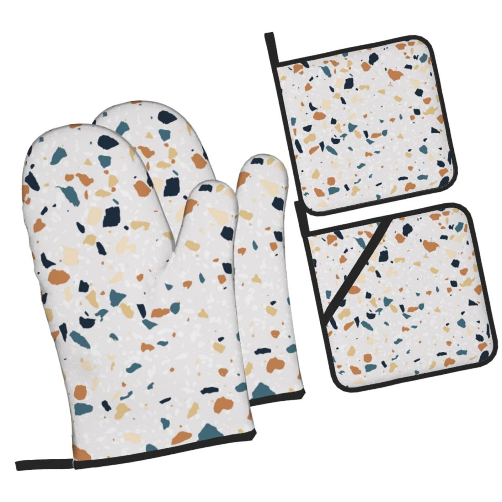 Terrazzo Marble Pastel Printed Oven Mitts and Pot Holders Heat Resistant Set of 4 Pcs, Modern Kitchen Gloves & Potholders for Cooking Baking Grilling