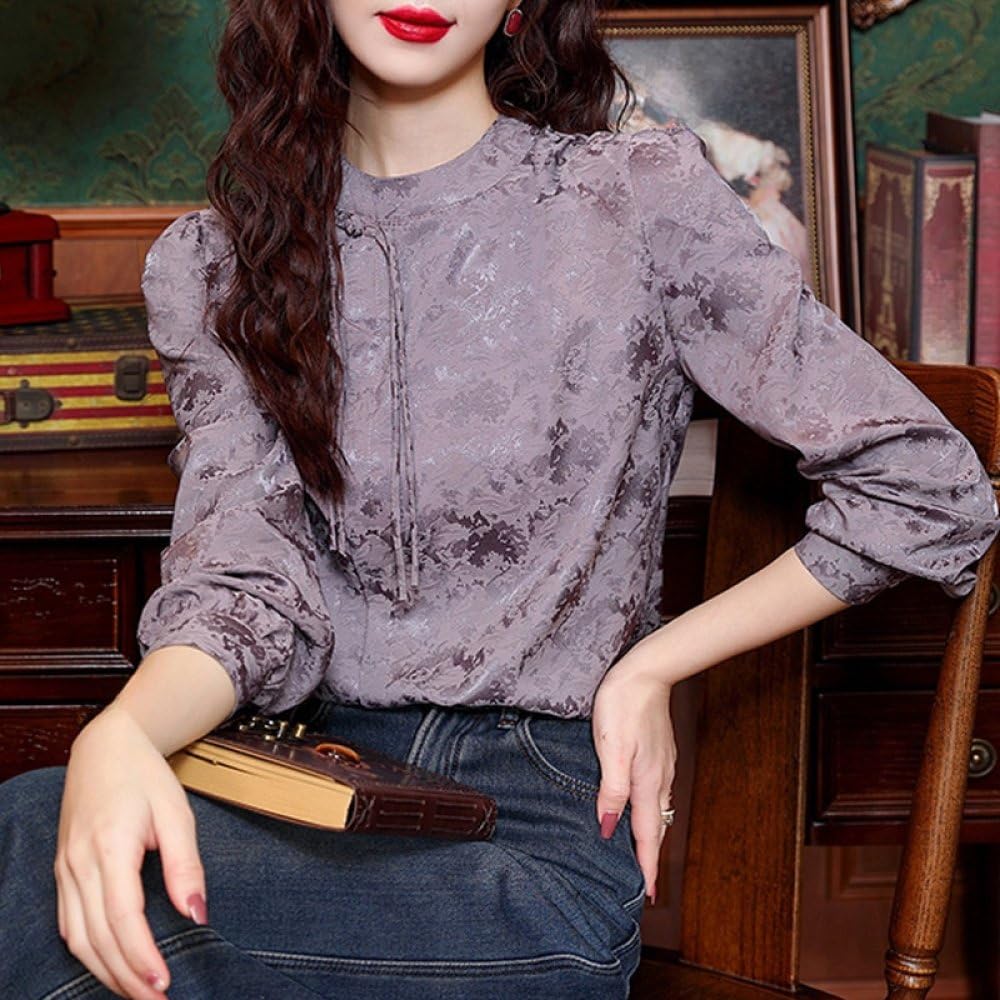 Camisa De Estilo Chino Qipao De Manga Larga De Seda Satinada para Mujer,Borlas con Hebilla Y Cuello Levantado De Brocado Verde Retro Blusas Tipo Jersey Elegante Camiseta Tradicional Tops