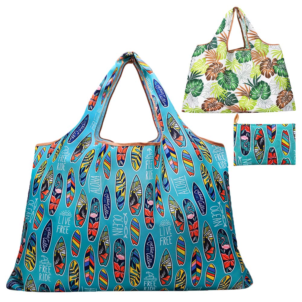 JISEN Reusable Grocery Bags Large Nylon Washable Foldable Eco Friendly Heavy Duty Shopping Tote Bag Fits in Pocket