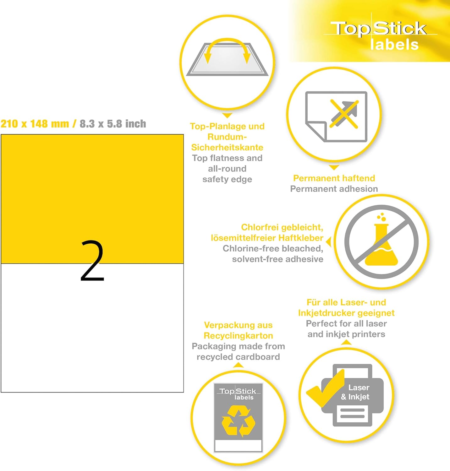 TopStick 8411 Self Adhesive Multipurpose Labels, 2 Labels per A4 Sheet, 25 Sheets, 210 x 148 mm, 25 Labels, Blank Universal Labels Stickers, Sticky Labels for Laser & Inkjet Printer, White