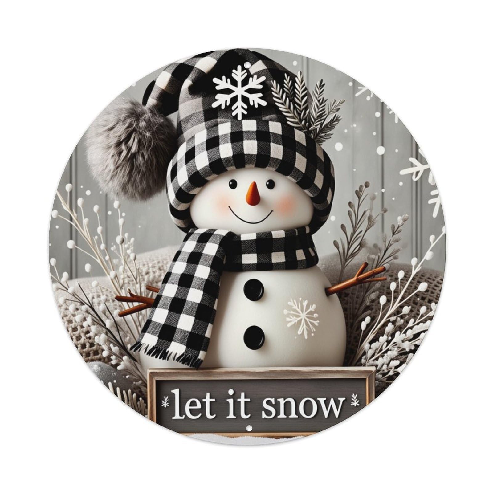 Snowman Checkered Hat Scarf Snowflake Round Tin Sign Retro Metal Sign for Cafe Bar Pub Home Game Room Gym Club Wall Decoration Vintage Metal Poster 8x8 Inch