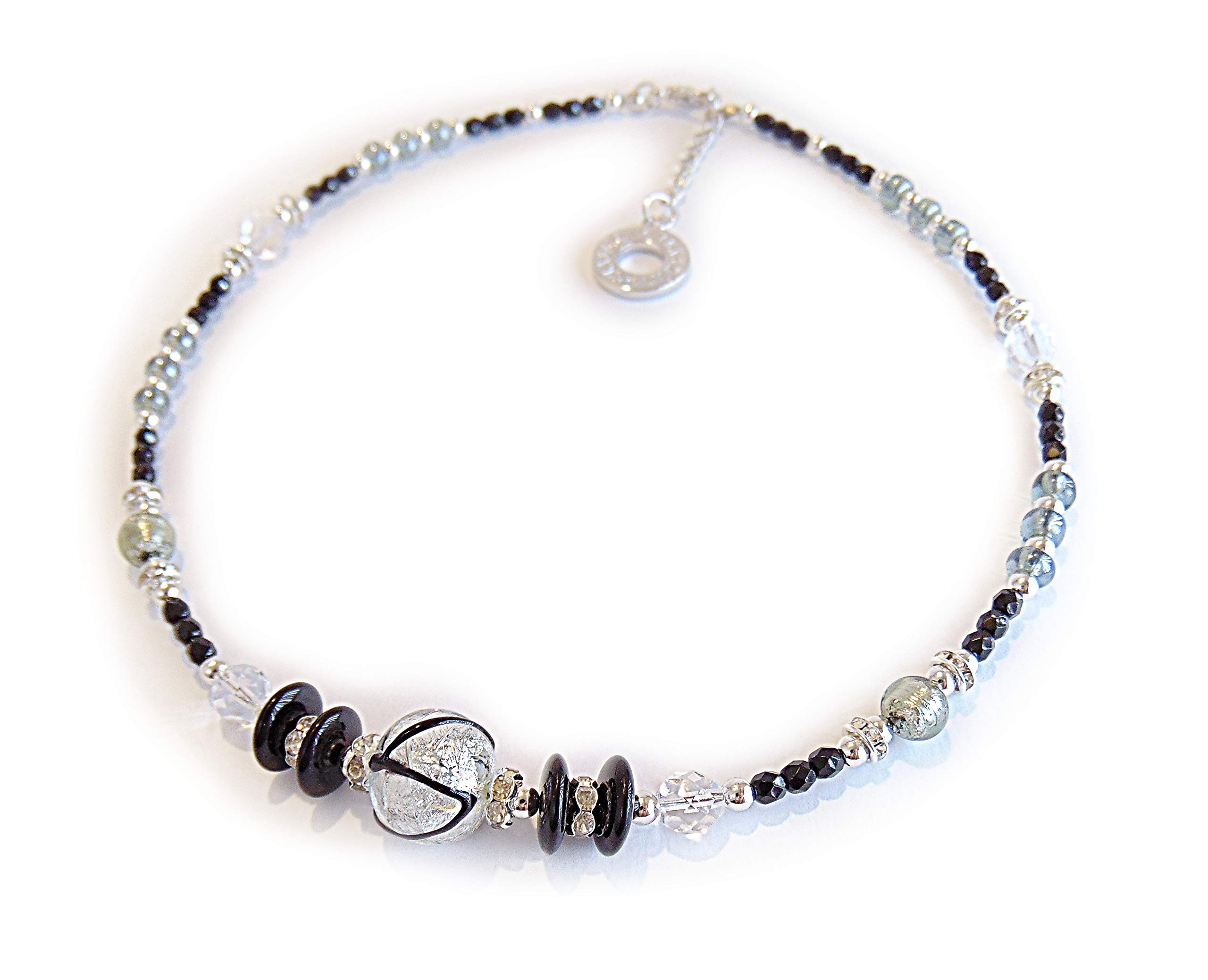 Collana Venezia Classica In Vetro Di Murano Con Foglia Oro 24kt E Venature Nere - Collezione Aida - Girocollo Regolabile 46-50cm - Made In Italy
