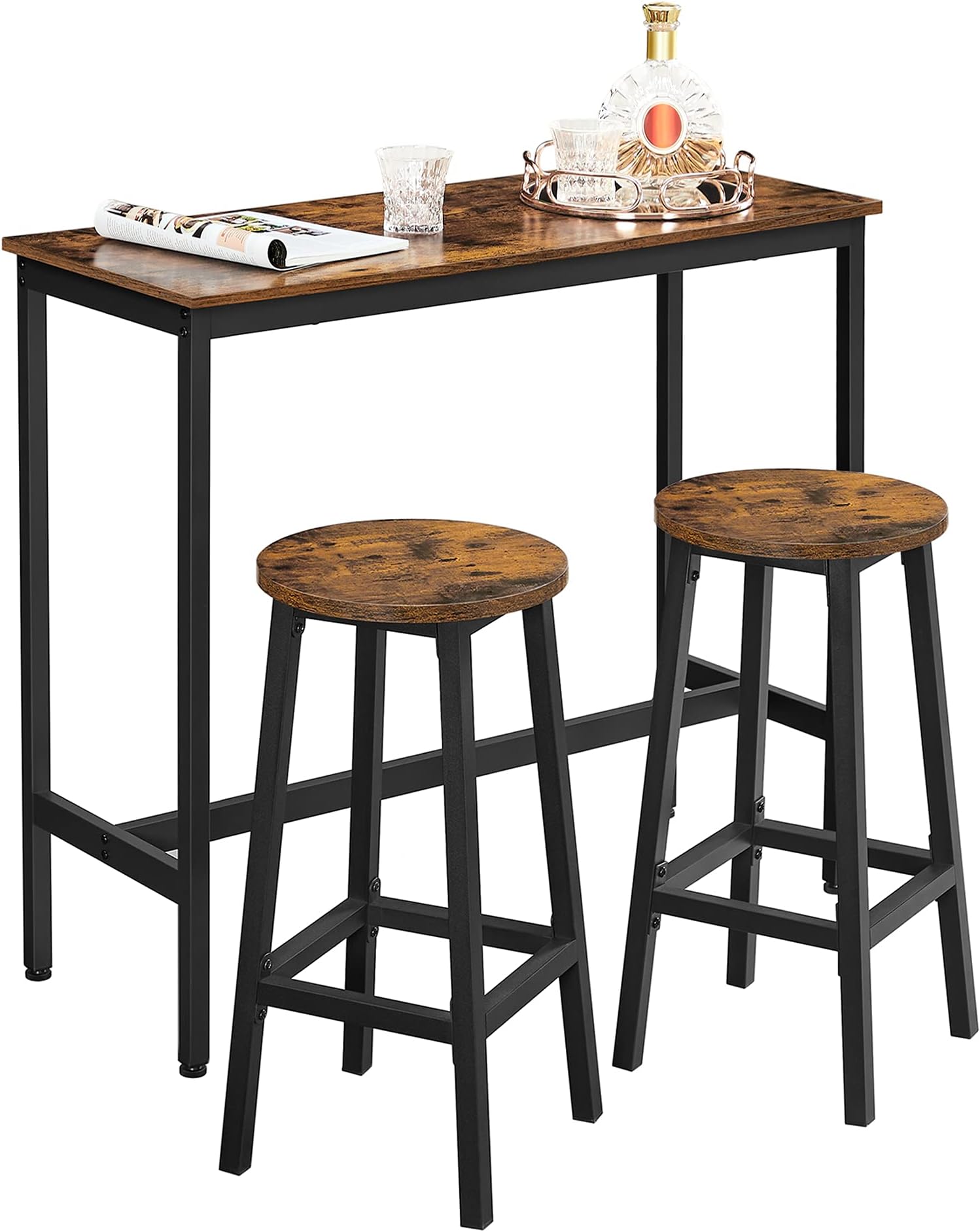 VASAGLE Dining Table Set, Bar Table and Stools, Breakfast Bar Table with 2 Round Bar Stools, Industrial Steel Frame, Rustic Brown and Ink Black LBT219B01