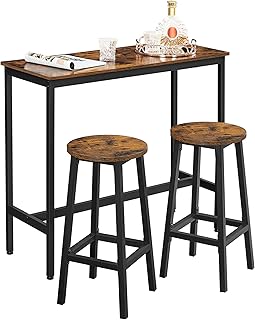 Dining Table Set, Bar Table and Stools, Breakfast Bar Table with 2 Round Bar Stools, Industrial Steel Frame, Rustic Brown and Ink Black LBT219B01