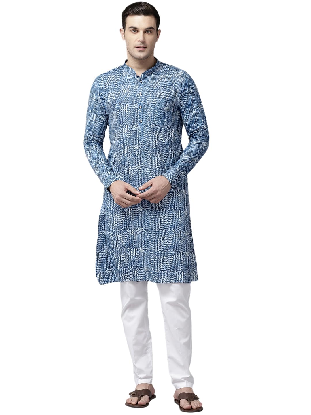 Men Mandarin Collar Silver & Black Pure Cotton Printed Staright Full Sleeve Kurta With Pajama-image-49