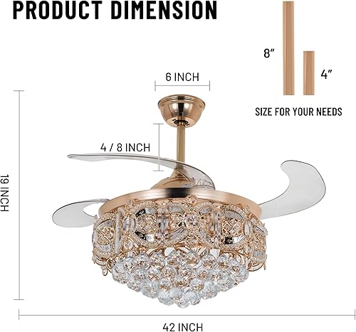 Miniatura 2 de Ventilador de techo de cristal de 42 pulgadas con luz y control remoto, candelabro retráctil dorado moderno de lujo, ventiladores de techo con 3