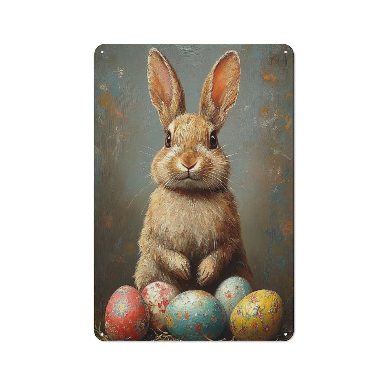 Junmoney Easter Bunny With Eggs Tin Sign 30X20cm With For Café Or Home Bar, Rustic Decor, For Café-Style Decor Fans