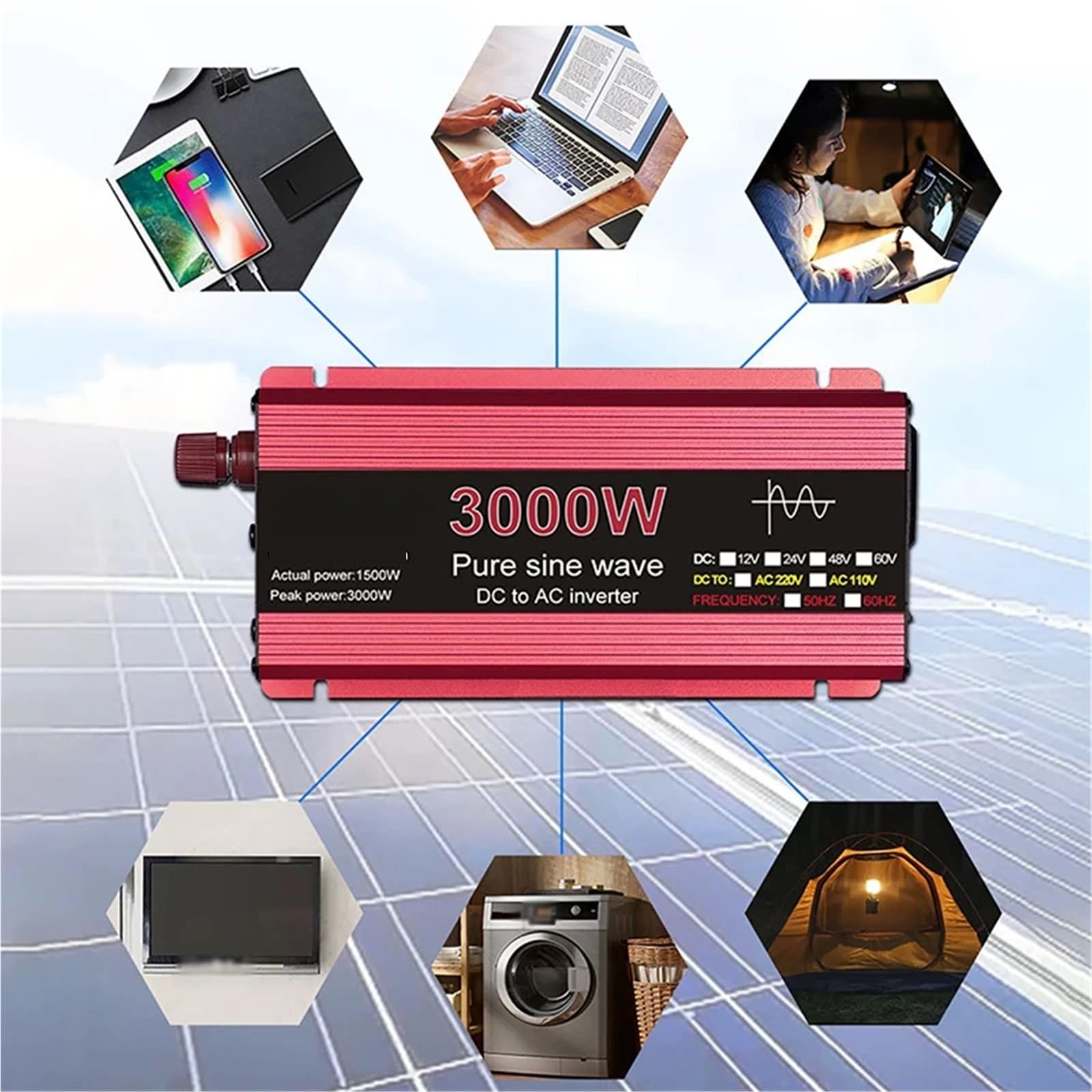 Falownik sinusoidalny 3000 W DC 12 V na AC 220, samochodowy, domowy, solarny, Wydajny, gotowy na energię słoneczną