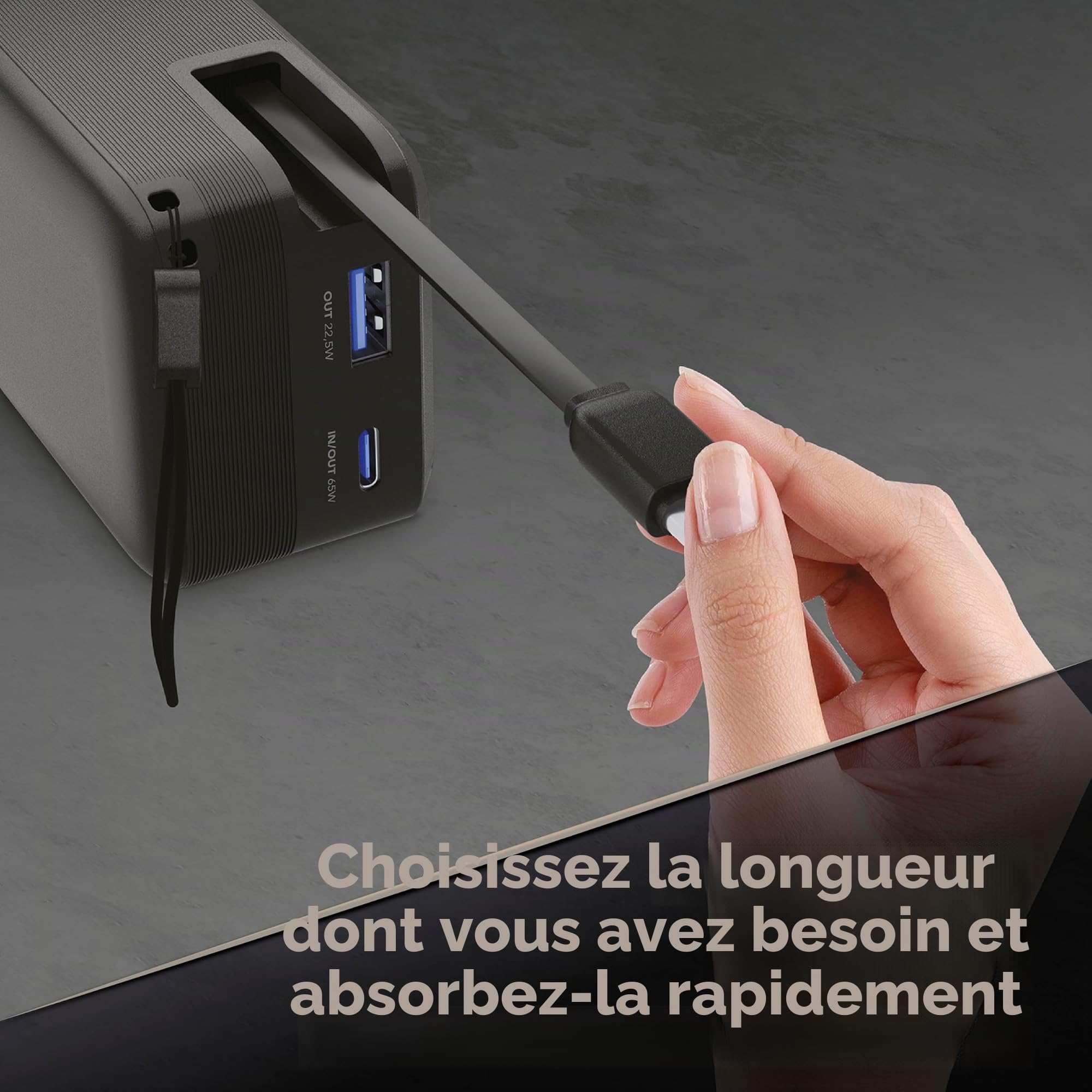 Cellularline Batterie Externe Roller 20 000 mAh avec câble USB-C rétractable 70 cm, Sortie USB-C 65 W et USB-A 22,5 W, écran LCD, Charge de 3 appareils, Noir