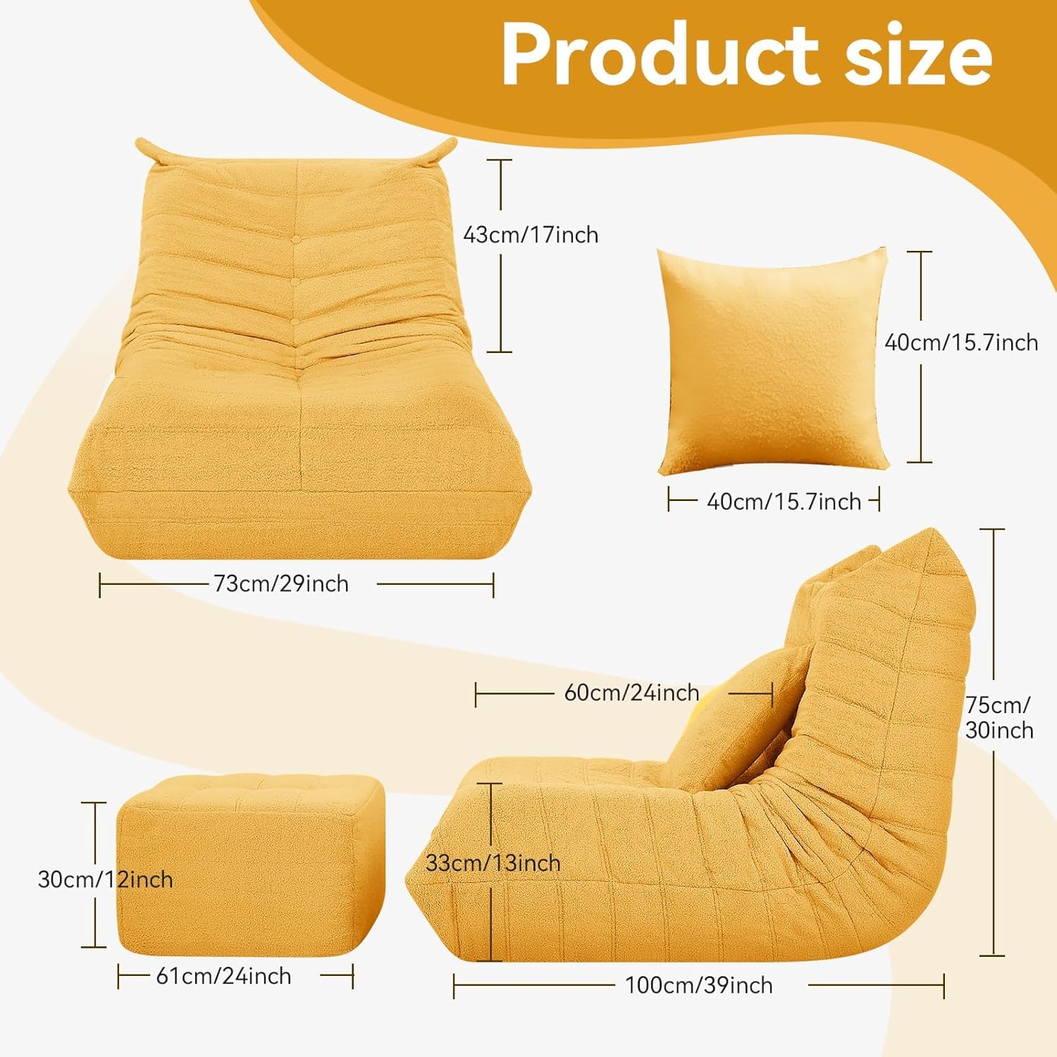 Bean Bag Chair with Ottoman, Comfy BeanBag Chairs for Adults,Giant Bean Bag Lounger with Memory Foam Filled,Teddy Lazy Sofa Reading Chair for Bedroom, Living Room,Dorm,Yellow