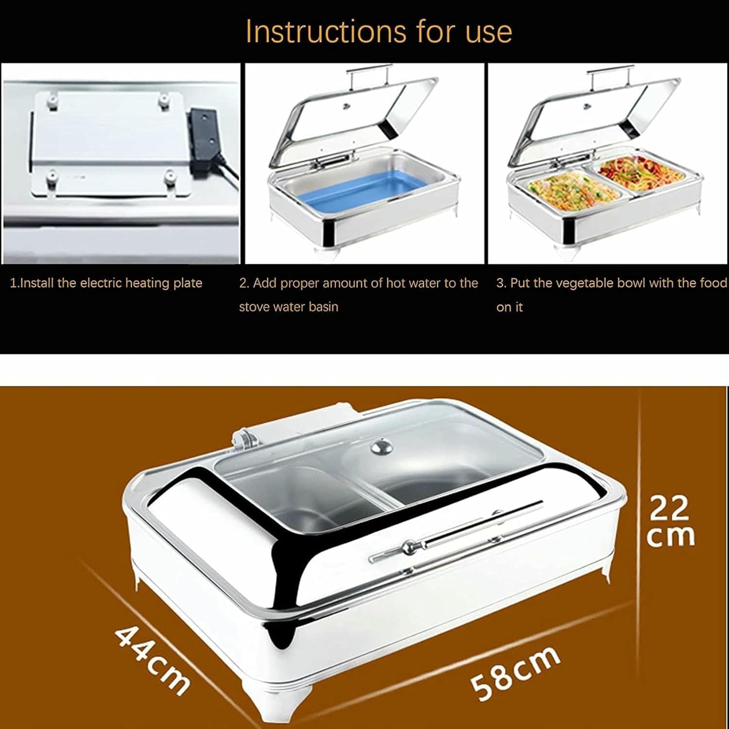 Electric Food Heater for Festive Buffet, Joint Hot Pot Buffet, Rectangular Buffet, 9 Liters, Adjustable Temperature ~/,Gn 1/2