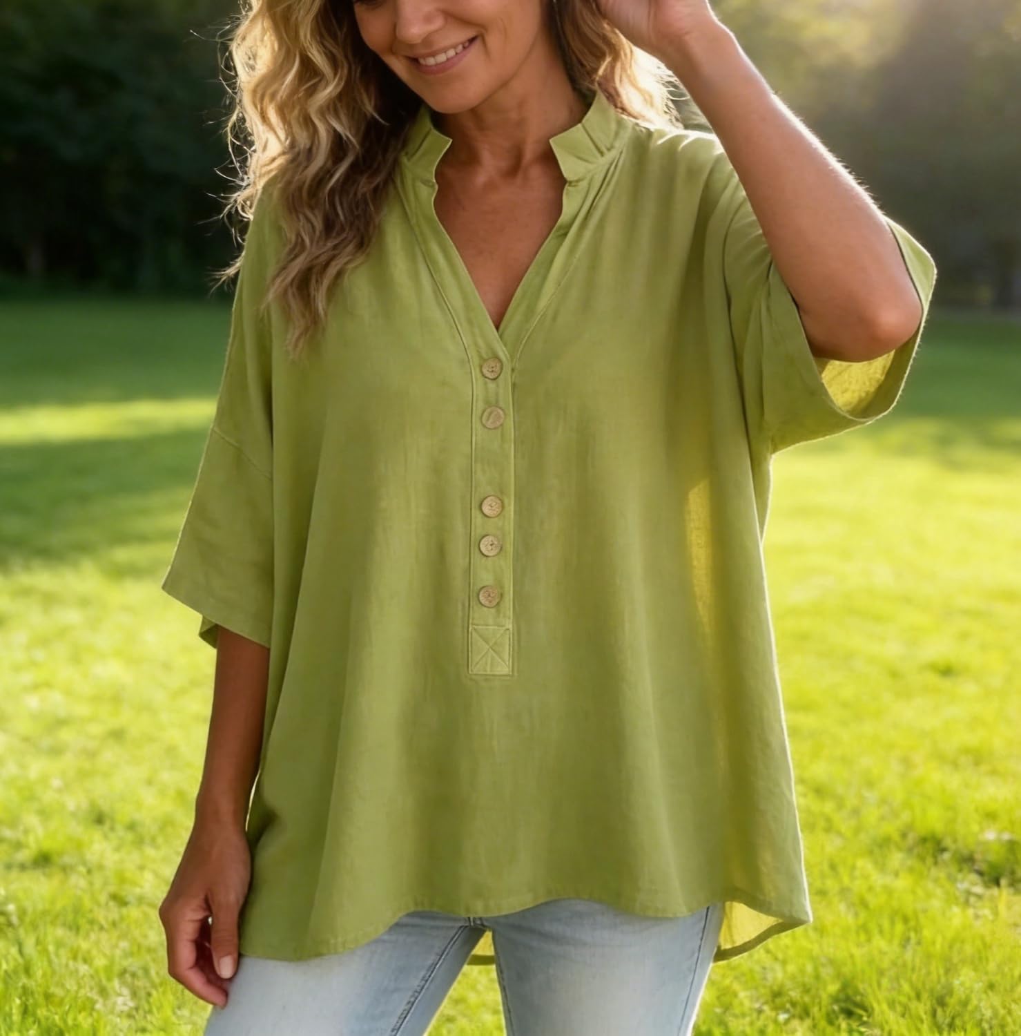 Blusa Casual de Mujer, de Manga Corta, Cuello en V, Corte Holgado, de algodón y Lino, con Botones Frontales