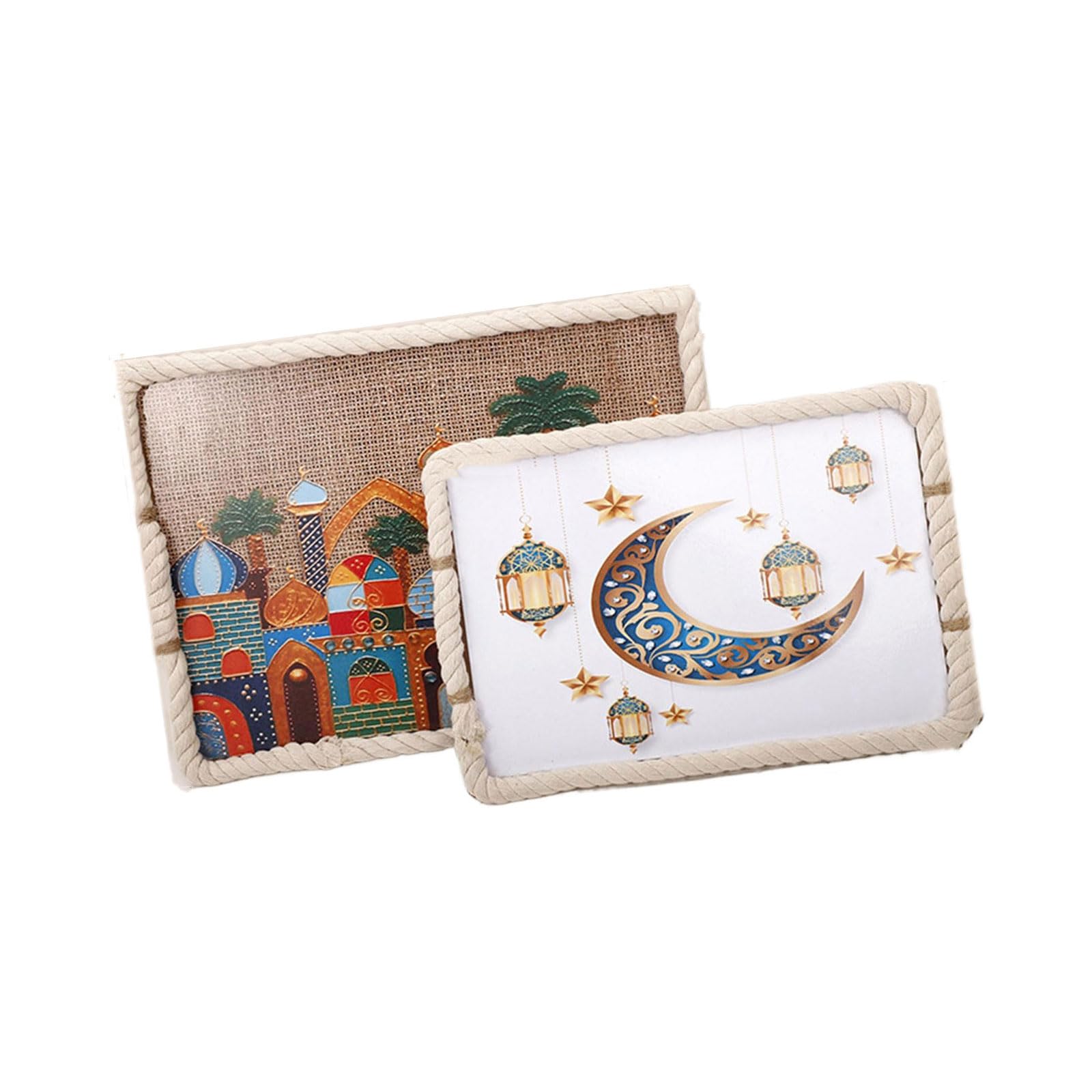 carotoe Delicate Ramadans Wood Cotton Rope Woven Trays Eid Mubaraks Serving Tray for Breakfast and Dessert Home Party Decors Eid Decors