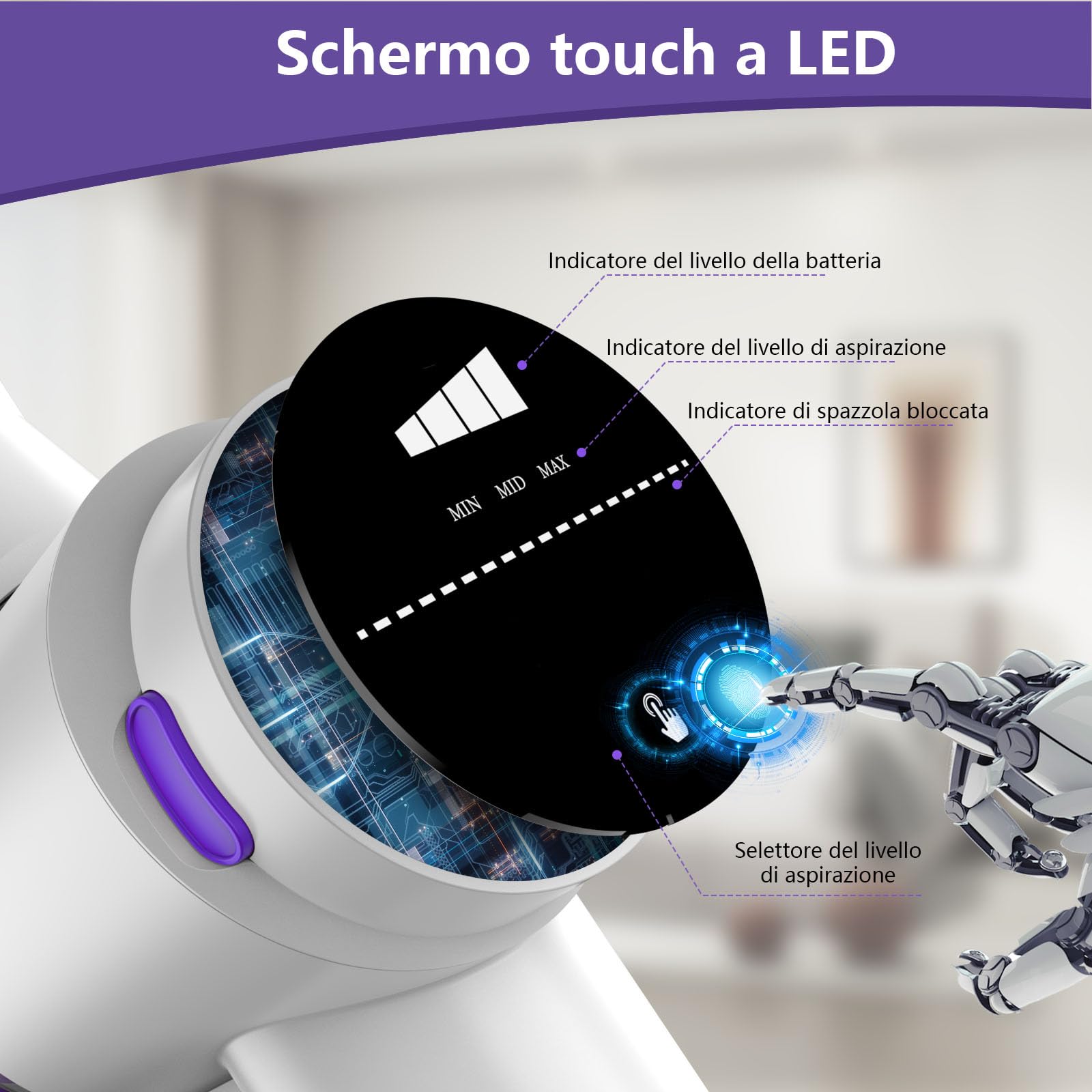 Vozascly 550W/45KPA Aspirapolvere Senza Fili Scopa Elettrica Senza Fili con Display Intelligente e Anti-Avvolgimento Scope Elettriche per Pavimenti Tappeti Peli Animali Domestici