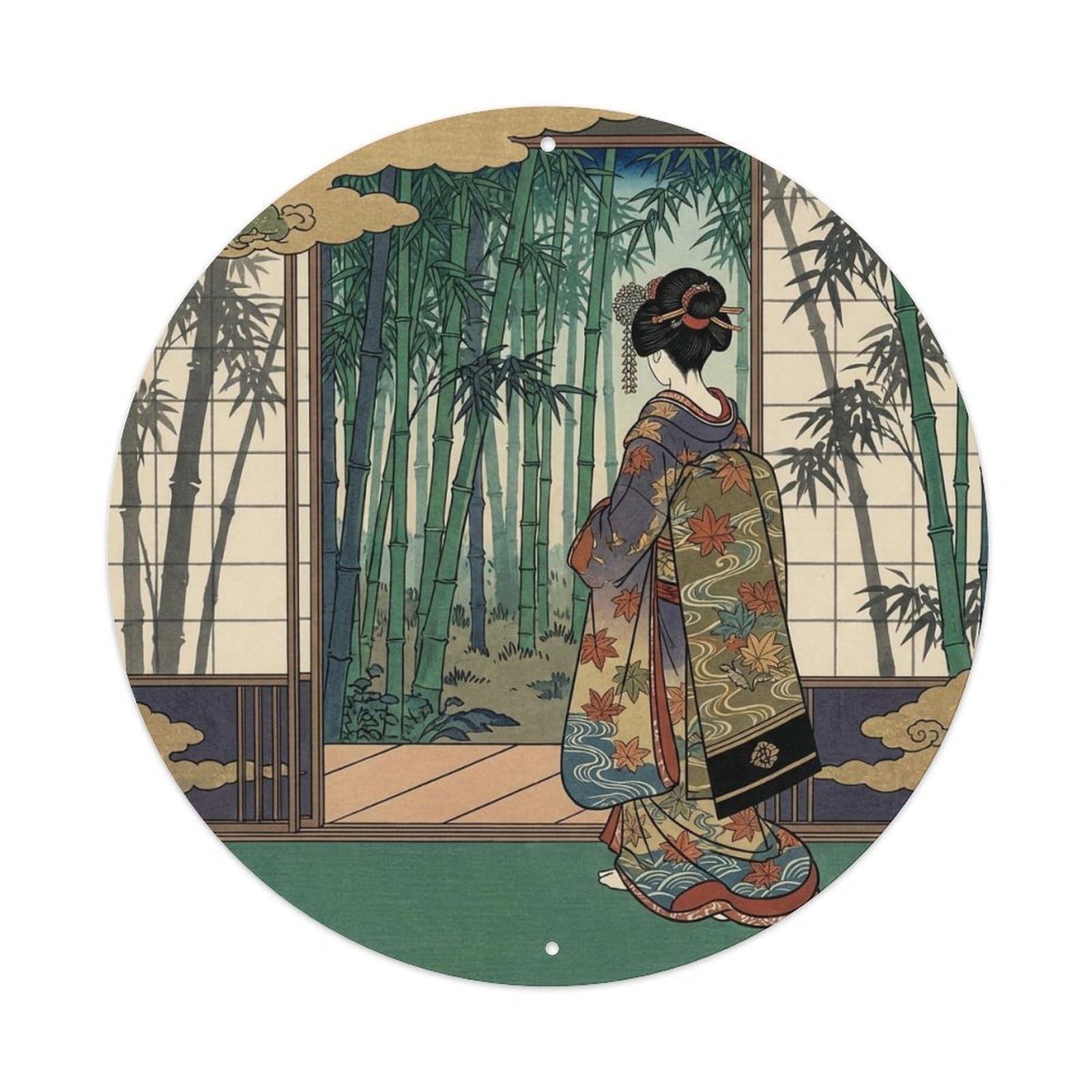 Japanese Bamboo Shadow Geisha Viewing Scene Metal Tin Sign