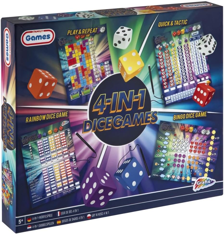 Grafix 4-in-1 Dice Game: 4 Exciting Variants, 7 Dice, 4 Score Blocks + 6 Markers - Ages 5+