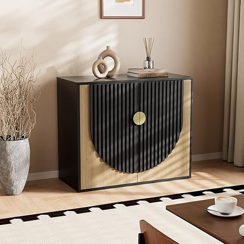 Miniatura 8 de Aparador de buffet acanalado de 33 pulgadas con almacenamiento, mesa consola modular moderna con puertas arqueadas simétricas, elegante creenza para