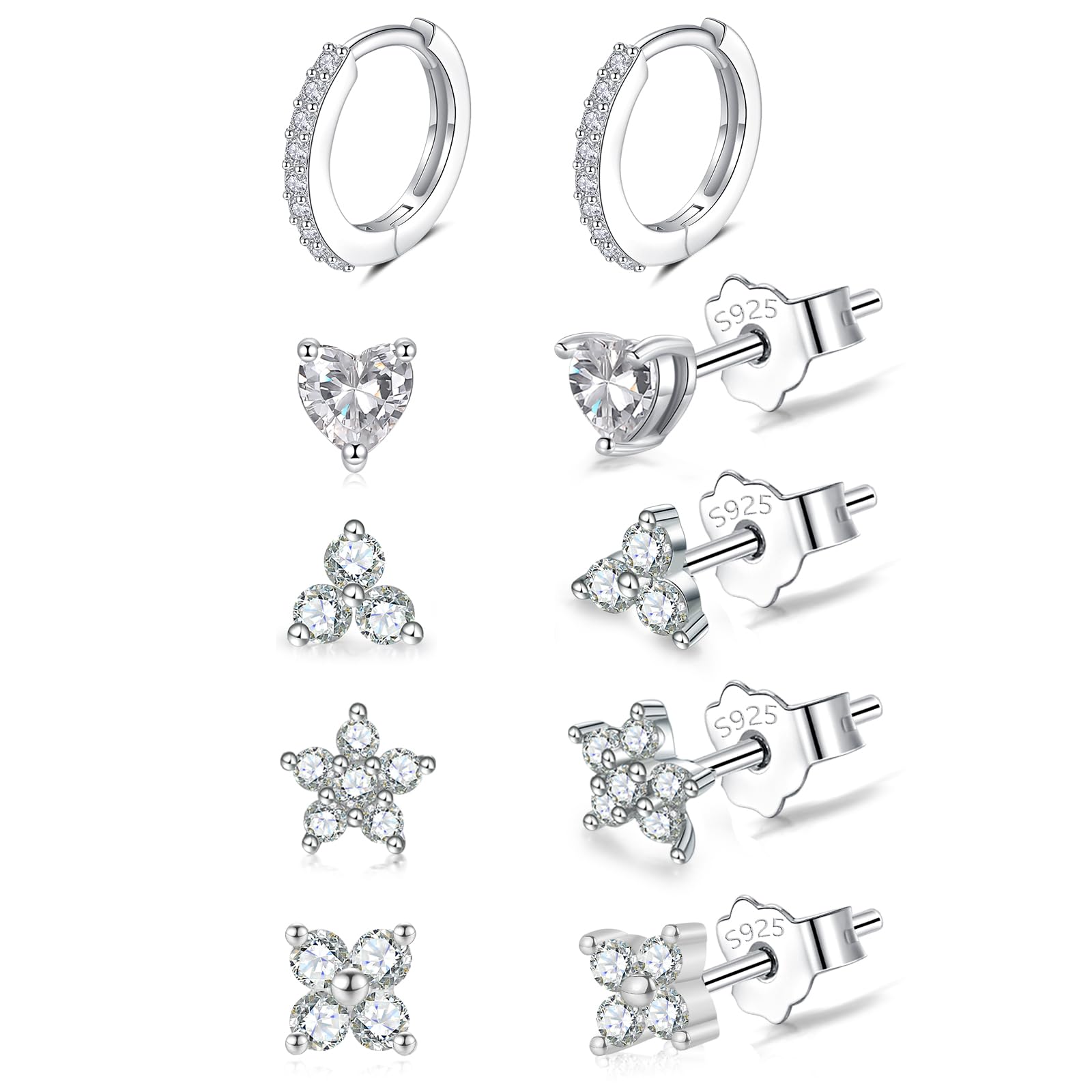 EPIRORA 925 Sterling Silver Studs Earrings Set for Women Men, Hypoallergenic Cubic Zirconia Stud Cartilage Earrings, 5 Pairs Small Silver Gold Hoop Earring Studs Sets for Multiple Piercing