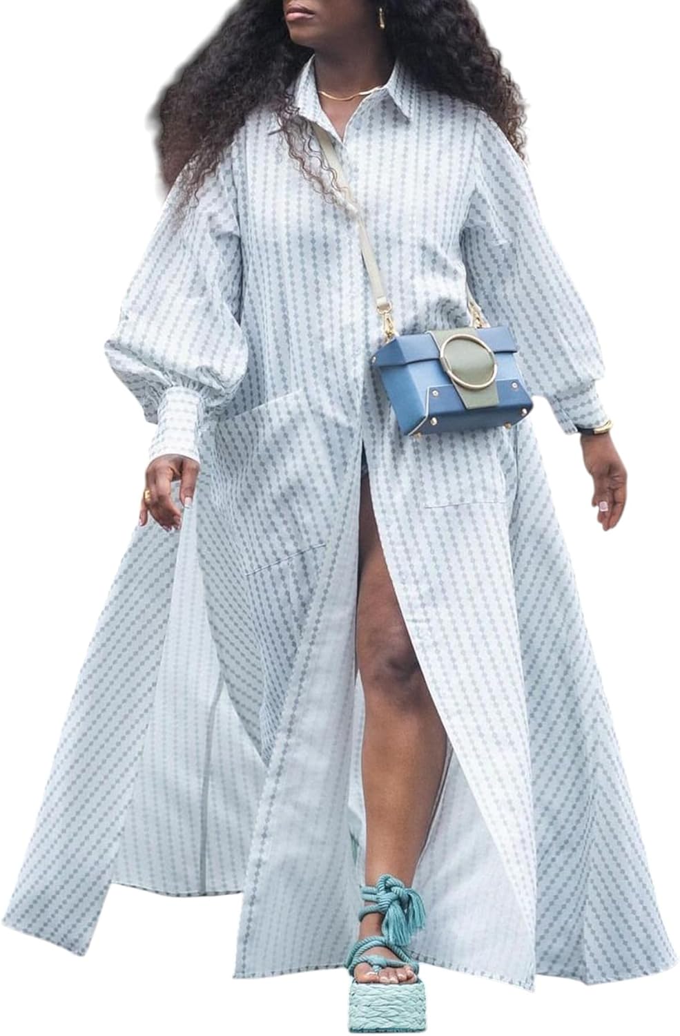 Women's Oversized Long-Sleeve Shirt Dress, Light Blue Grid Print Maxi Length with Side Slits & Pockets