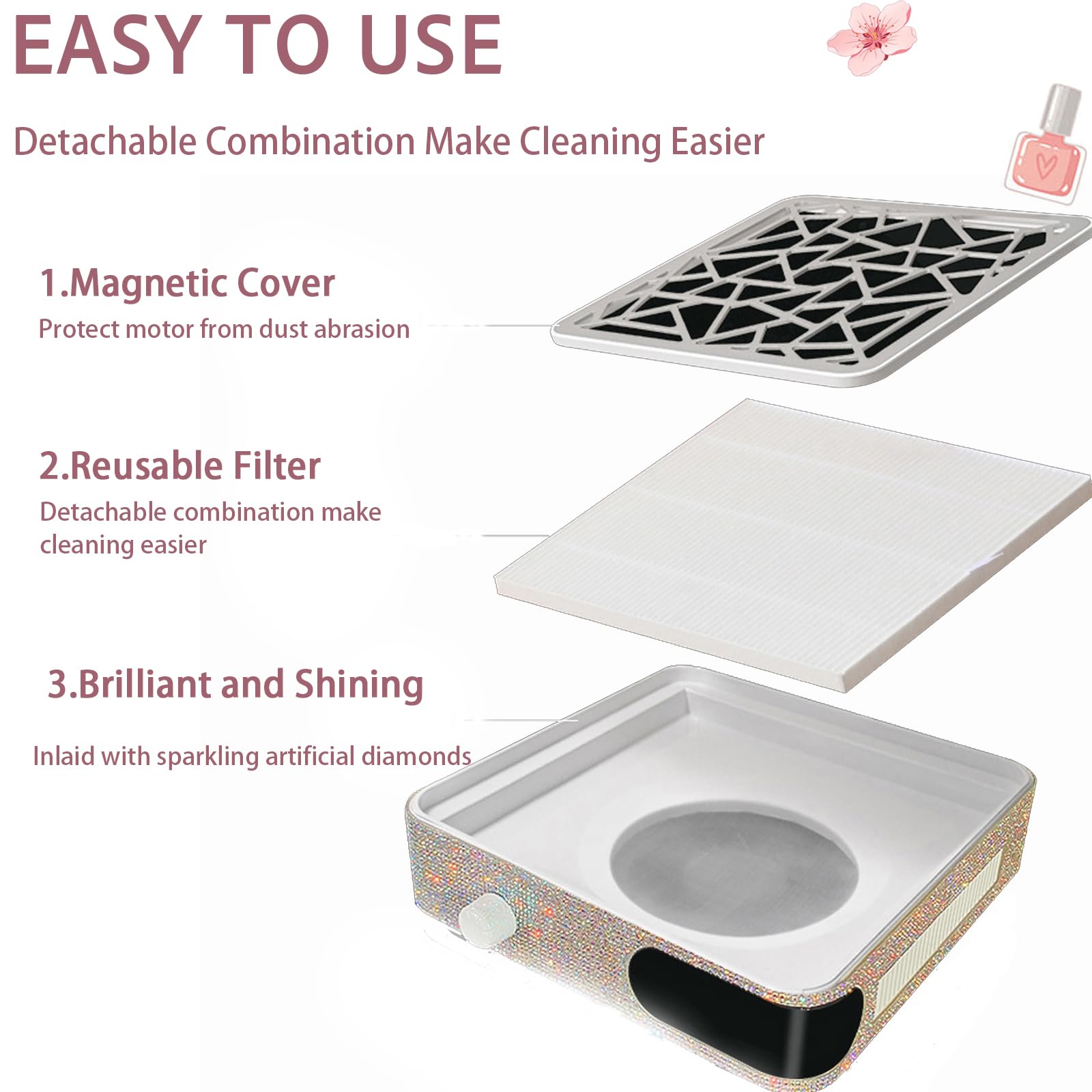 Colector de polvo de uñas, potente extractor de ventilación de vacío, máquina de succión de polvo para pulir uñas acrílicas (blanco, tamaño estándar)