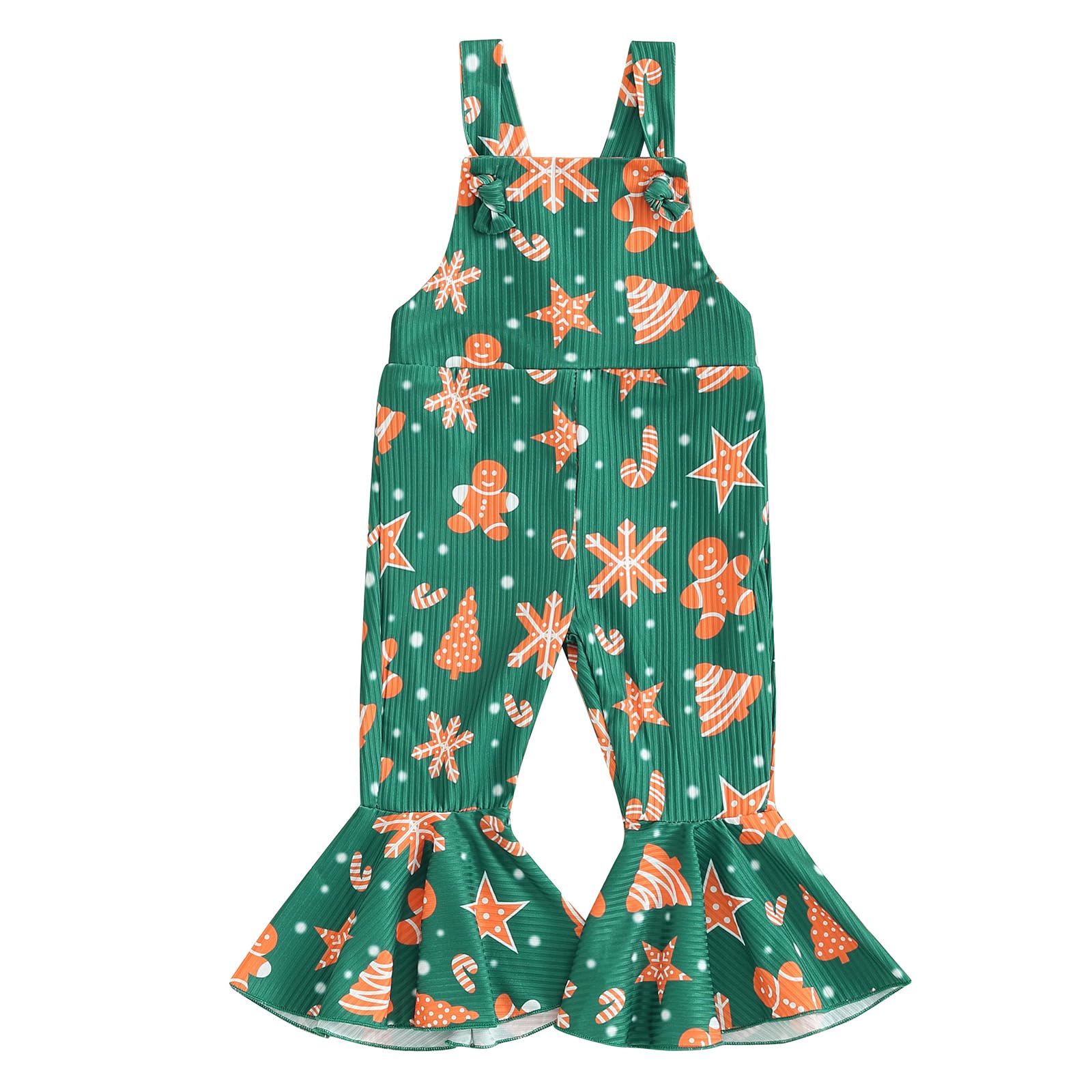 SHUING Toddler Baby Girl Christmas Clothes Gingerbread Man Print Sleeveless Flare Pants Suspender Overall Fall Winter Outfits (Green, 18-24 Months)