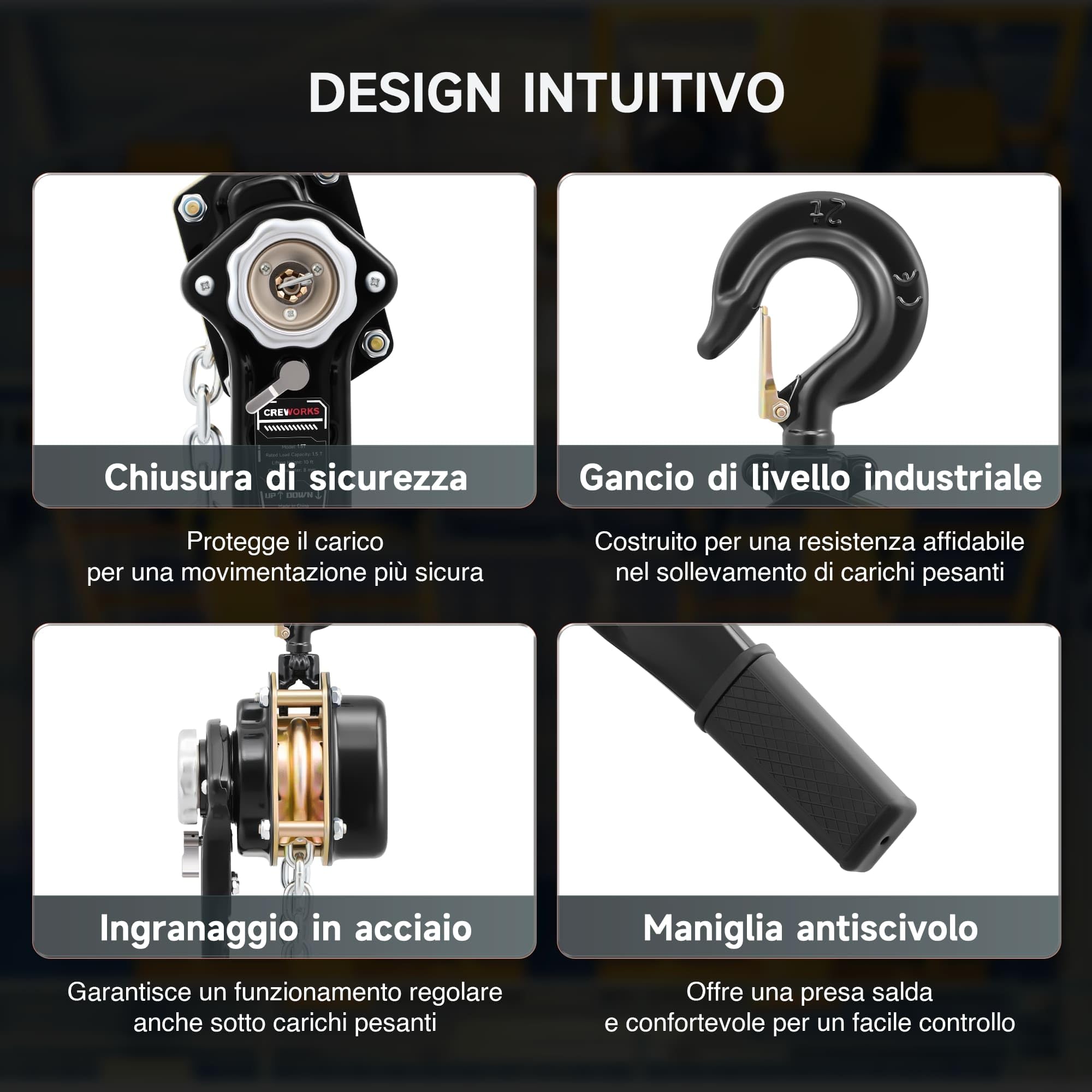 CREWORKS Paranco a Catena Manuale Altezza di Sollevamento 3 Metri Capacità Carico Max 1,5 Tonnellate con Catena Zincata G80 e Ganci Girevoli a 360° per Magazzini Edili Fabbriche