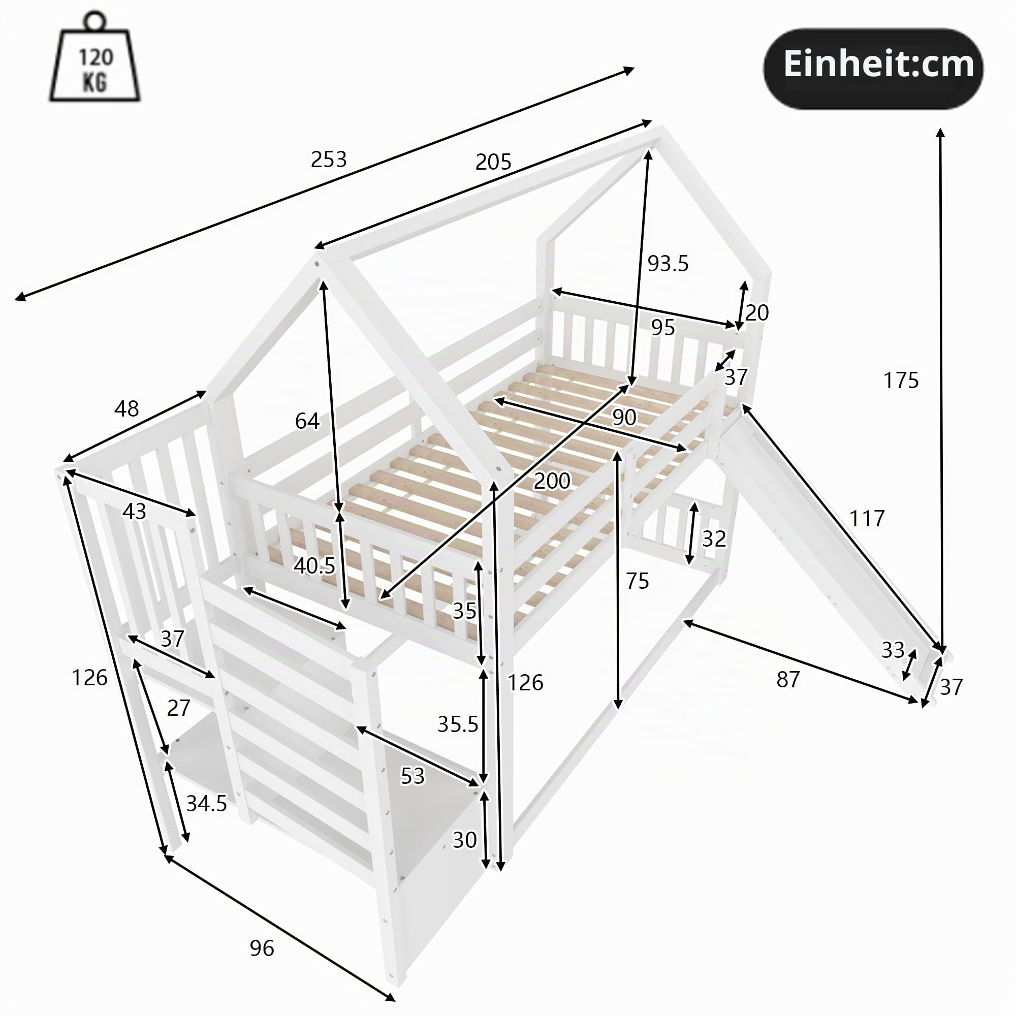 Kinderbett Etagenbett 90x200cm, Hausbett Hochbett mit Treppe und Rutsche, Multifunktionsbett Holzbett Baumhausbett Spielbett Stockbett Bettgestell mit Rausfallschutz & Lattenrost, Ohne Matratze, Weiß
