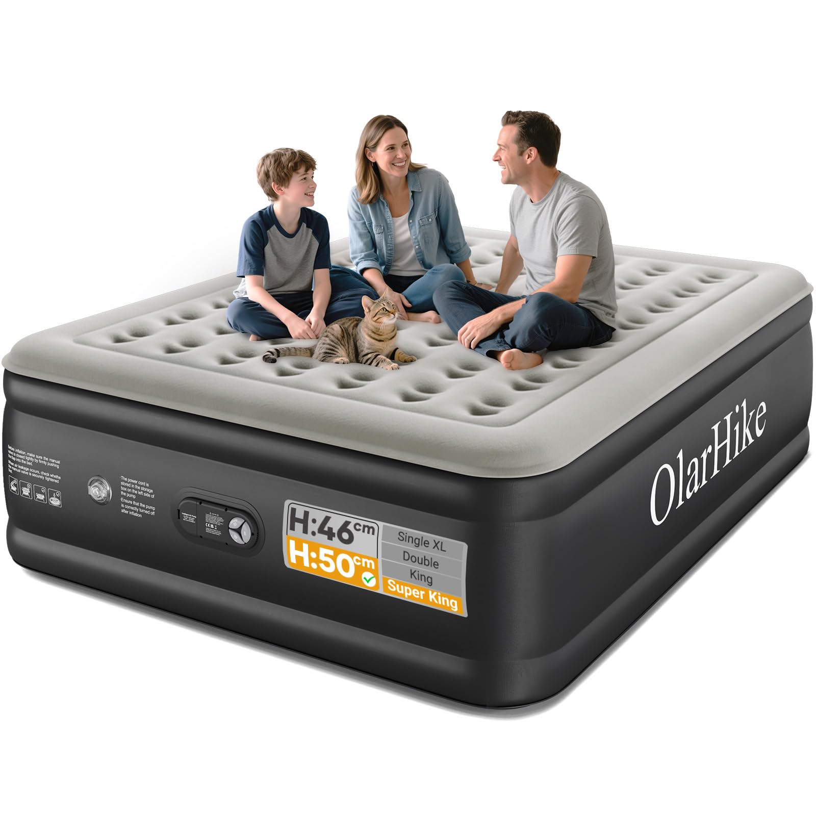 OlarHike Super King Size Airbed, Inflatable Mattress, 182cm x 213cm x 50cm, Air Bed with Built in Pump, Blow Up Mattress, Folding Guest Bed Self Inflating with Flocked Surface for Camping and Home Use