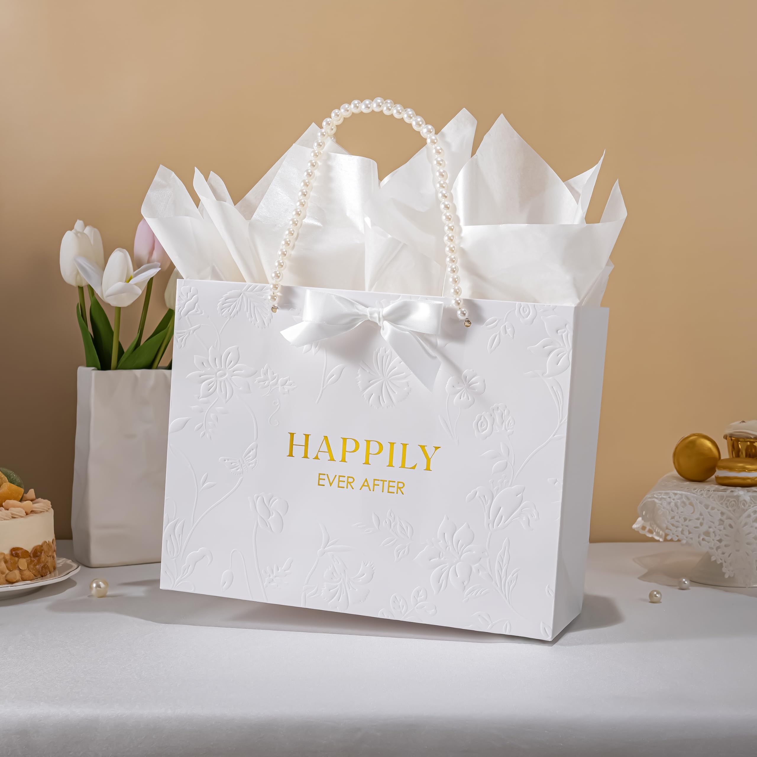 Crisky 13" Embossed Wedding Gift Bag with Pearl Handles, Large Bridal Shower Gift Bag with Greeting Card Tissue Paper Envelopes (Happily Ever After) for Bride, Women, Friends Engagement Party