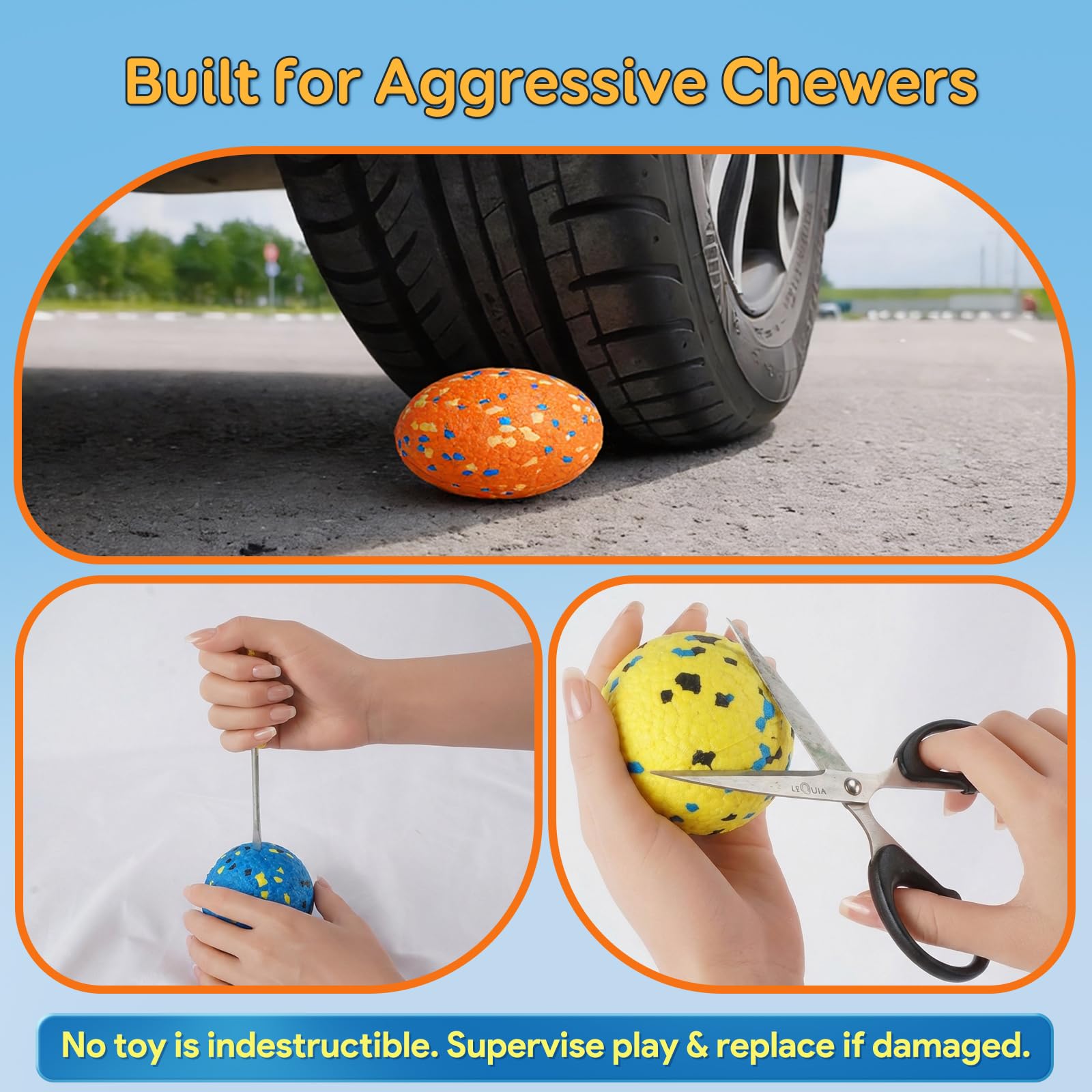 Kimee Lot de 3 balles de tennis pour chiens agressifs, balles rebondissantes à mâcher, jouets à mâcher pour chiots de petite, moyenne et grande taille, 8,9 cm